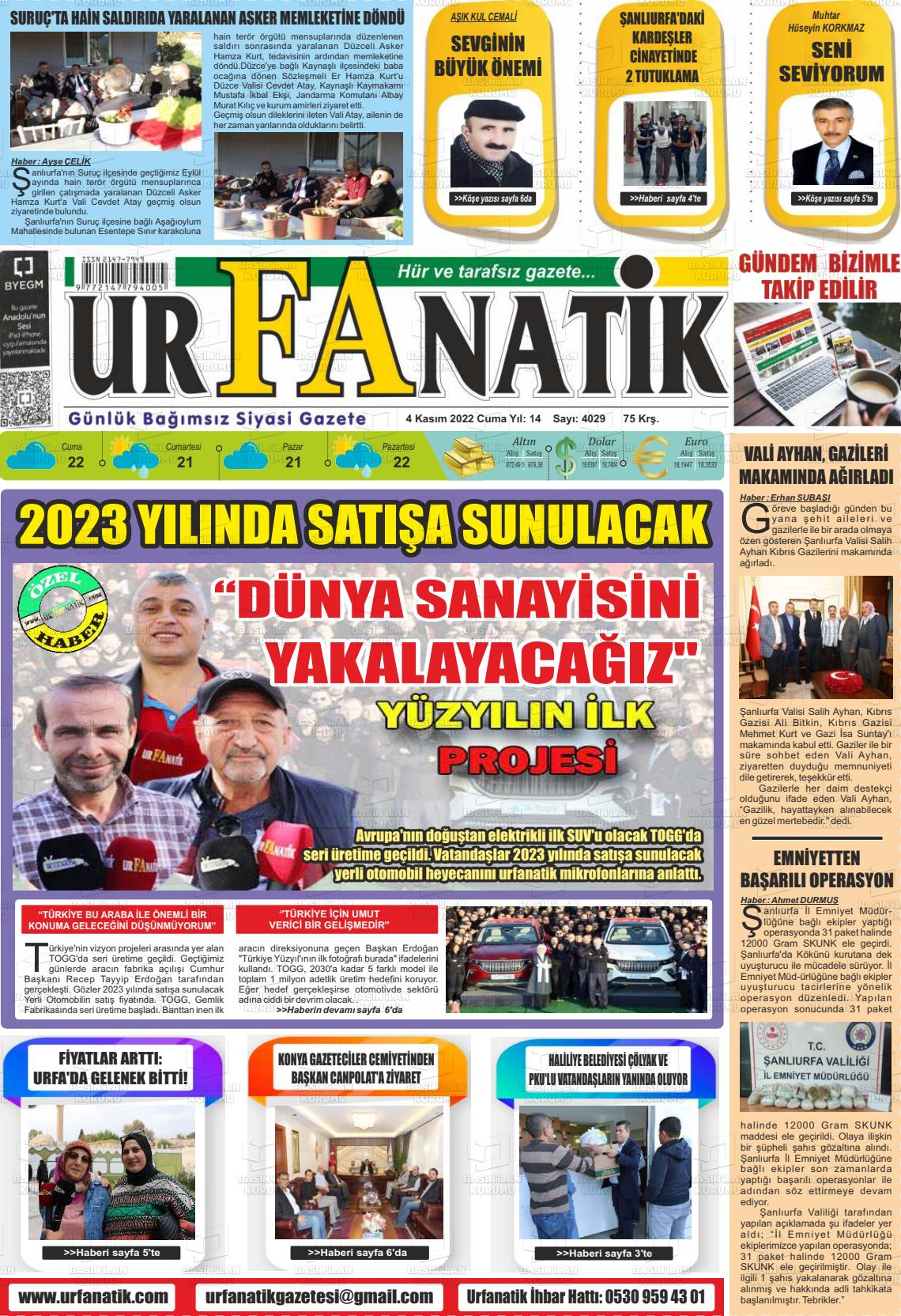 04 Kasım 2022 Urfanatik Gazete Manşeti