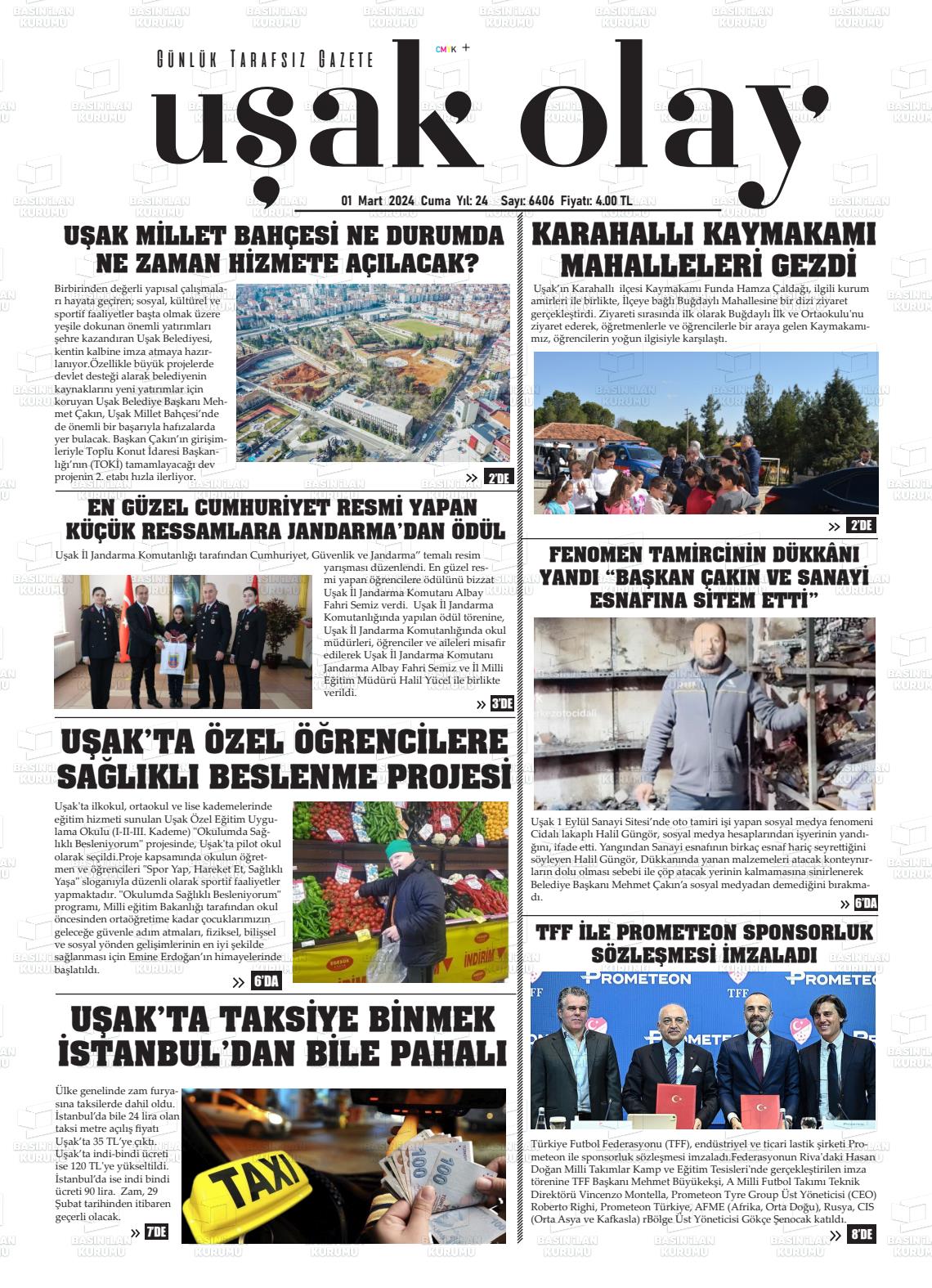 01 Mart 2024 Uşak Olay Gazete Manşeti