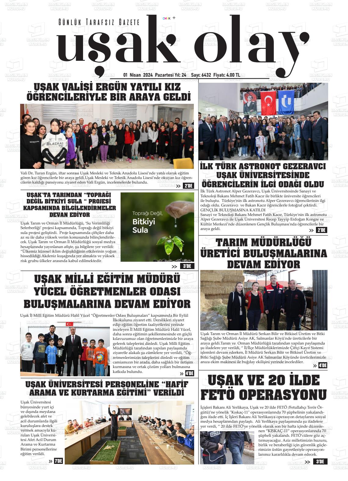 01 Nisan 2024 Uşak Olay Gazete Manşeti