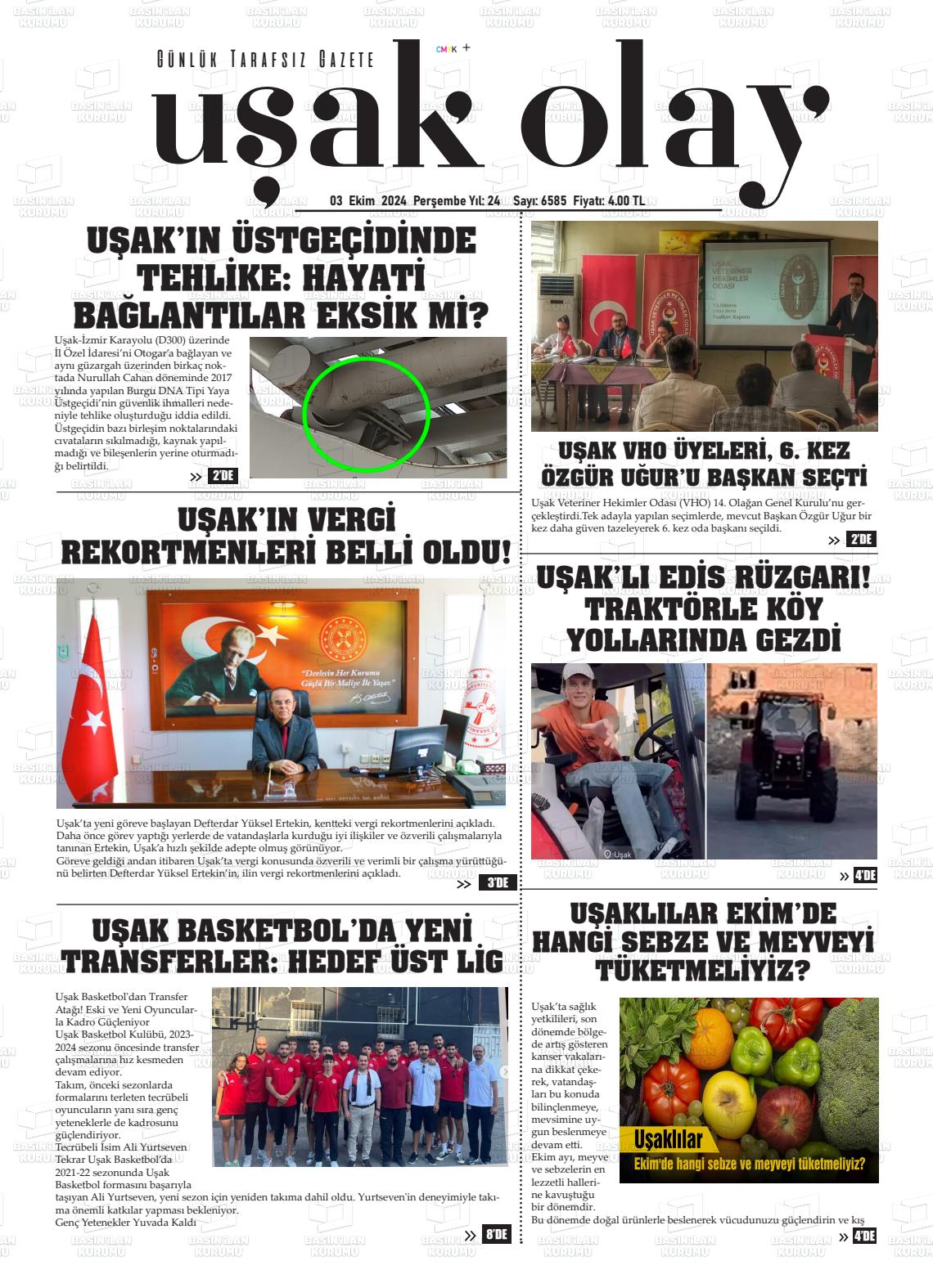 03 Ekim 2024 Uşak Olay Gazete Manşeti