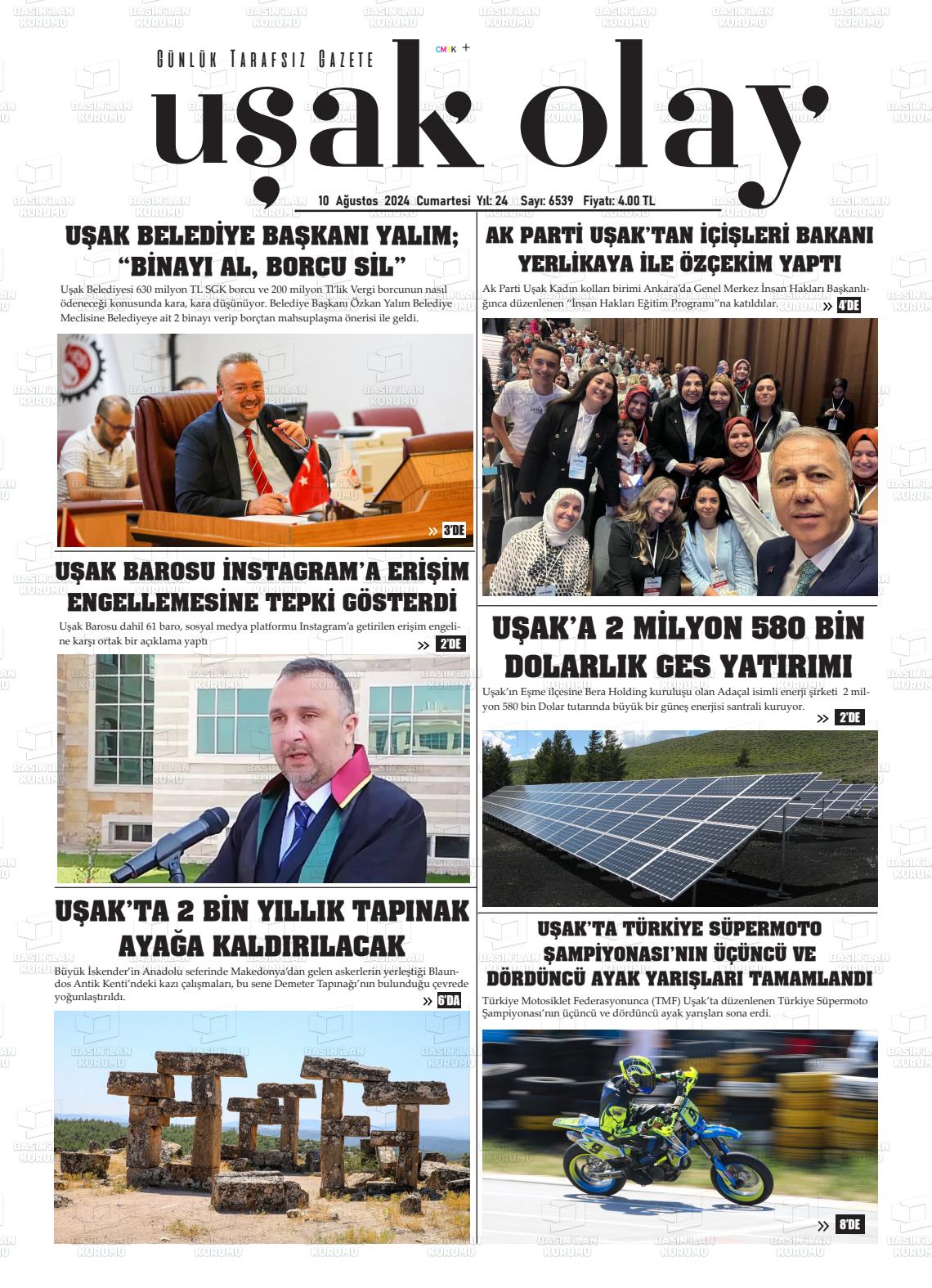 10 Ağustos 2024 Uşak Olay Gazete Manşeti