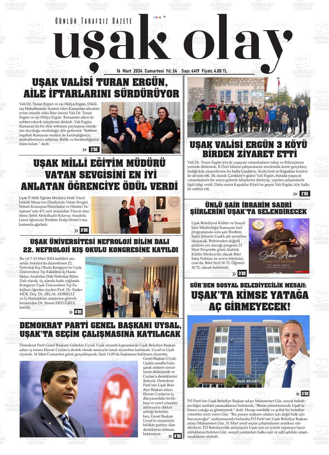 16 Mart 2024 Uşak Olay Gazete Manşeti