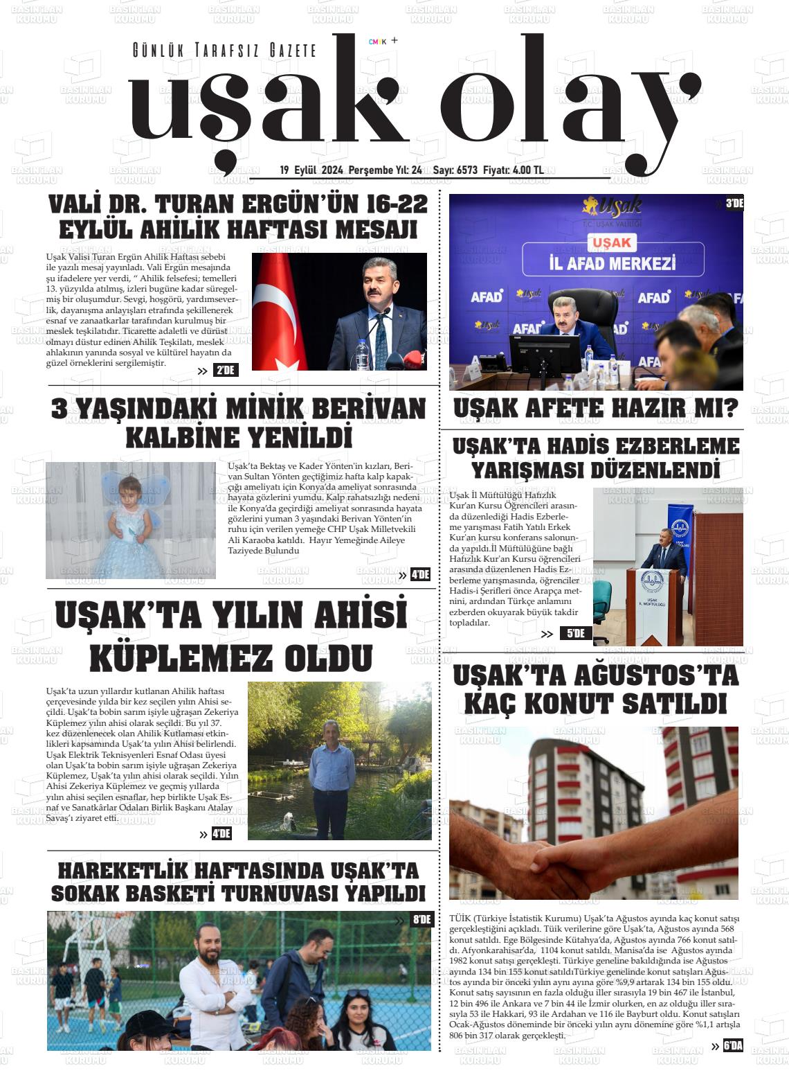 19 Eylül 2024 Uşak Olay Gazete Manşeti