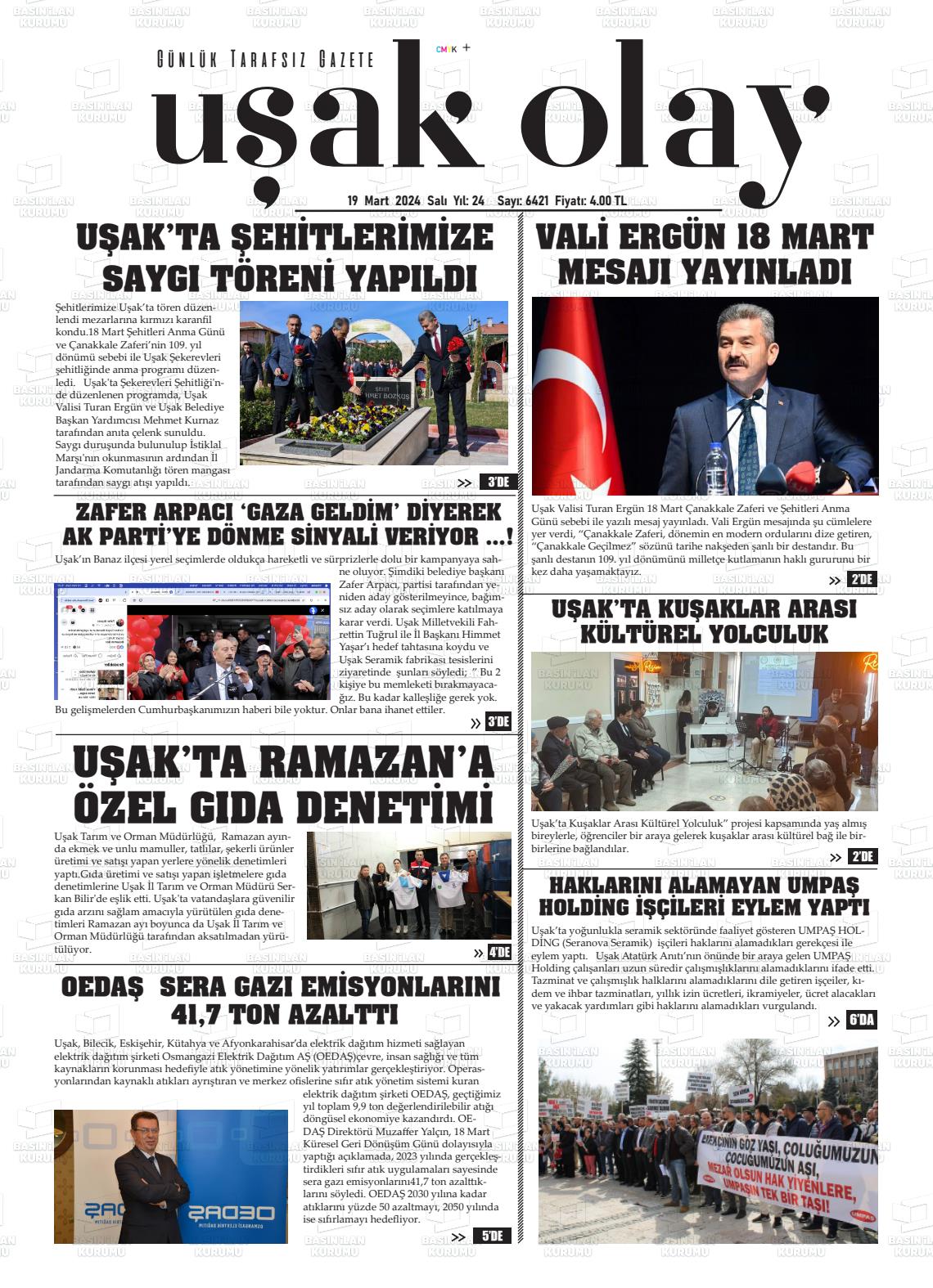 19 Mart 2024 Uşak Olay Gazete Manşeti