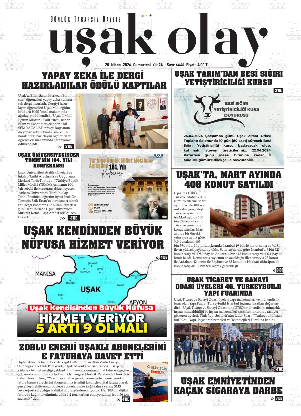 20 Nisan 2024 Uşak Olay Gazete Manşeti