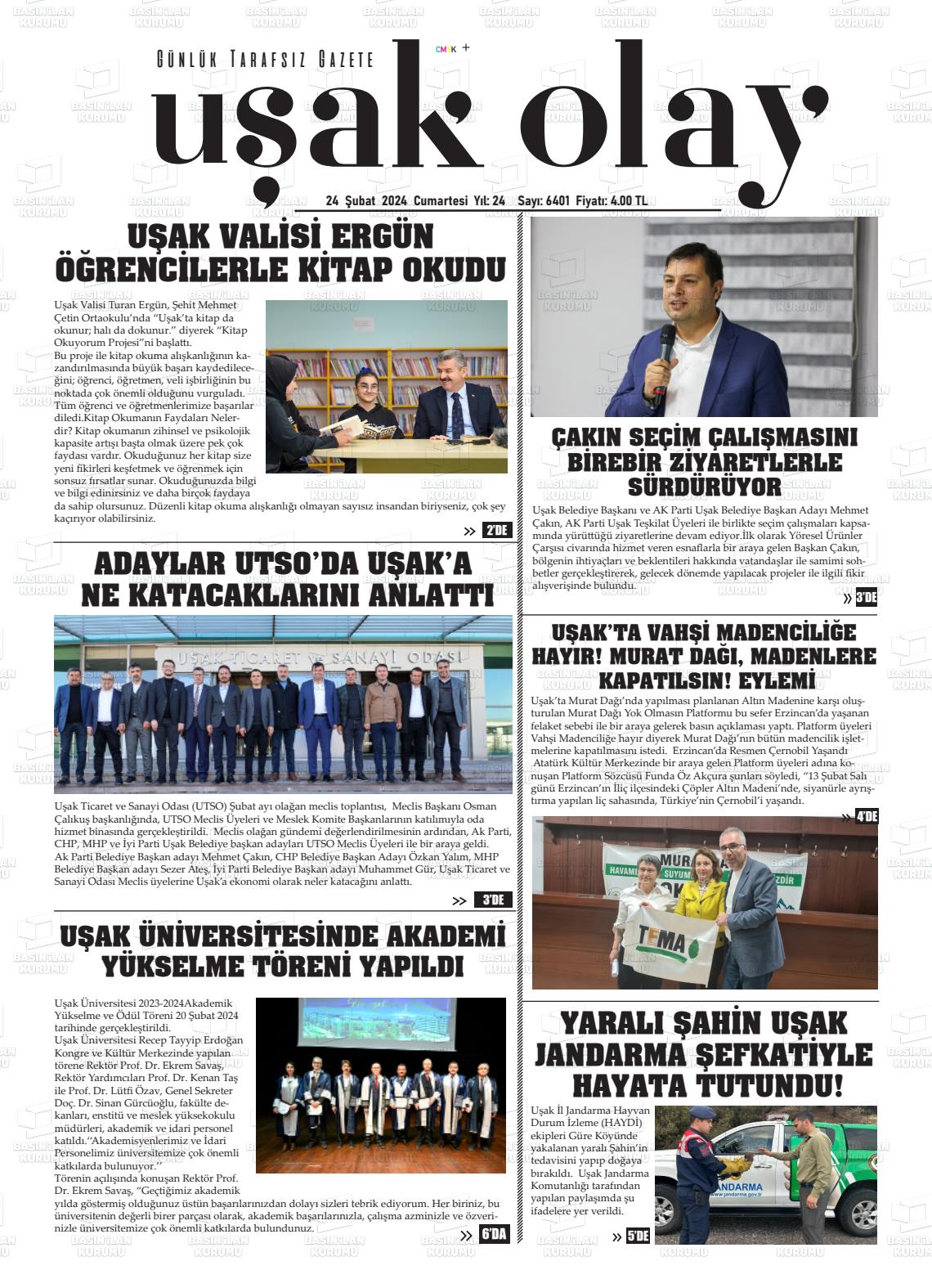 24 Şubat 2024 Uşak Olay Gazete Manşeti