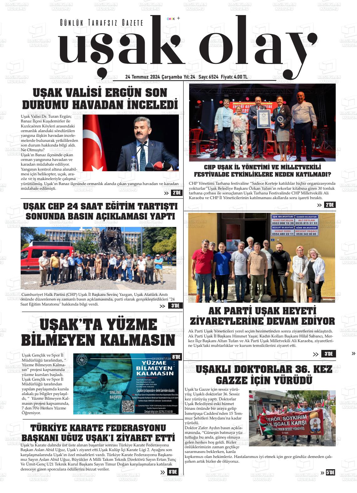 24 Temmuz 2024 Uşak Olay Gazete Manşeti