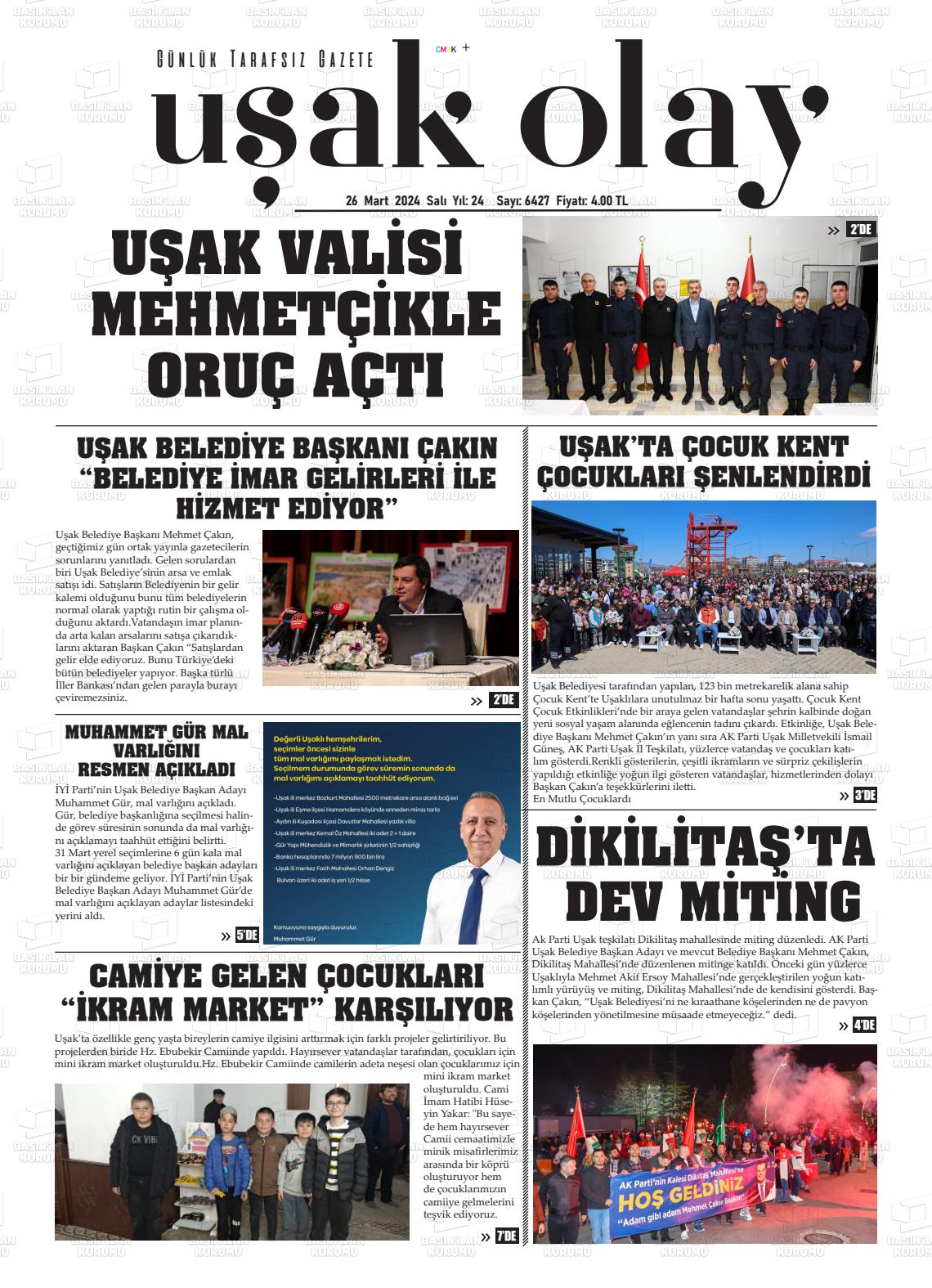 26 Mart 2024 Uşak Olay Gazete Manşeti