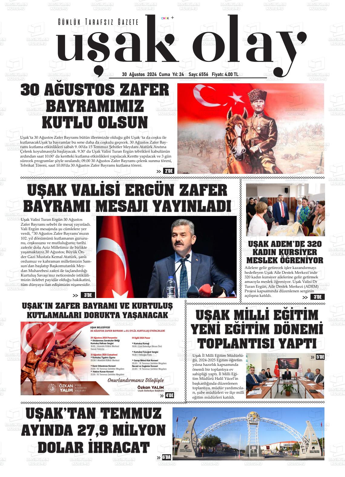 30 Ağustos 2024 Uşak Olay Gazete Manşeti