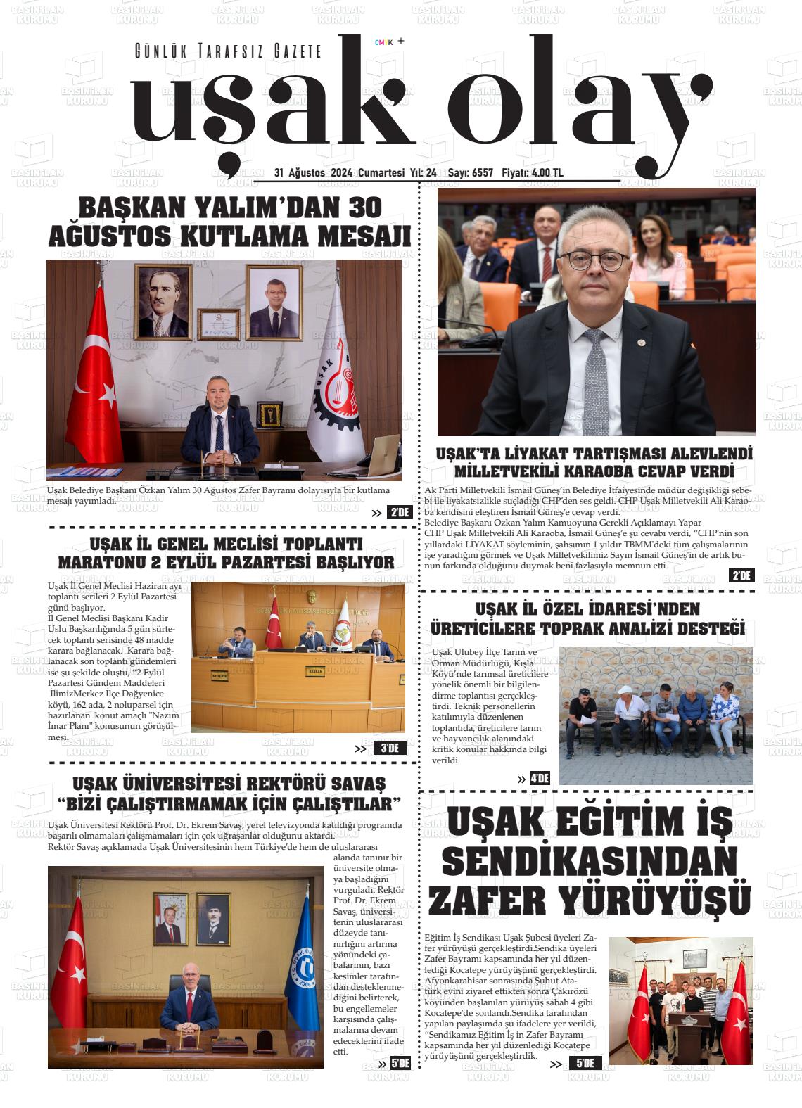 31 Ağustos 2024 Uşak Olay Gazete Manşeti