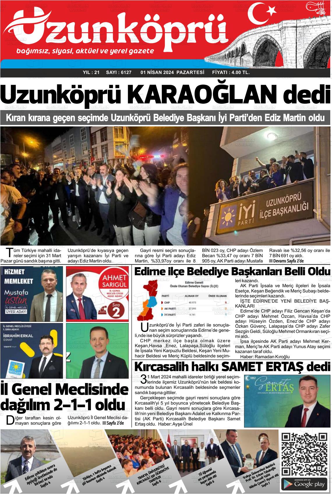 01 Nisan 2024 Uzunköprü Gazete Manşeti