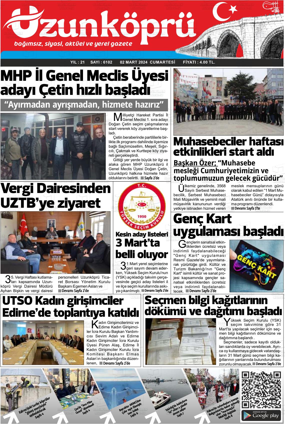 02 Mart 2024 Uzunköprü Gazete Manşeti