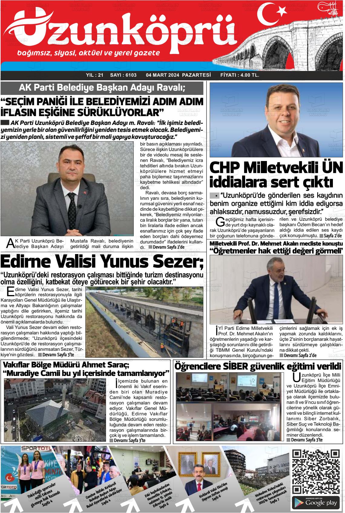 04 Mart 2024 Uzunköprü Gazete Manşeti