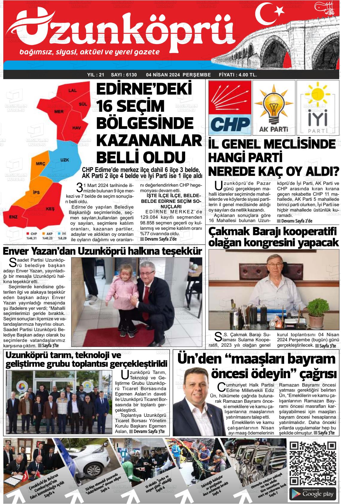 04 Nisan 2024 Uzunköprü Gazete Manşeti