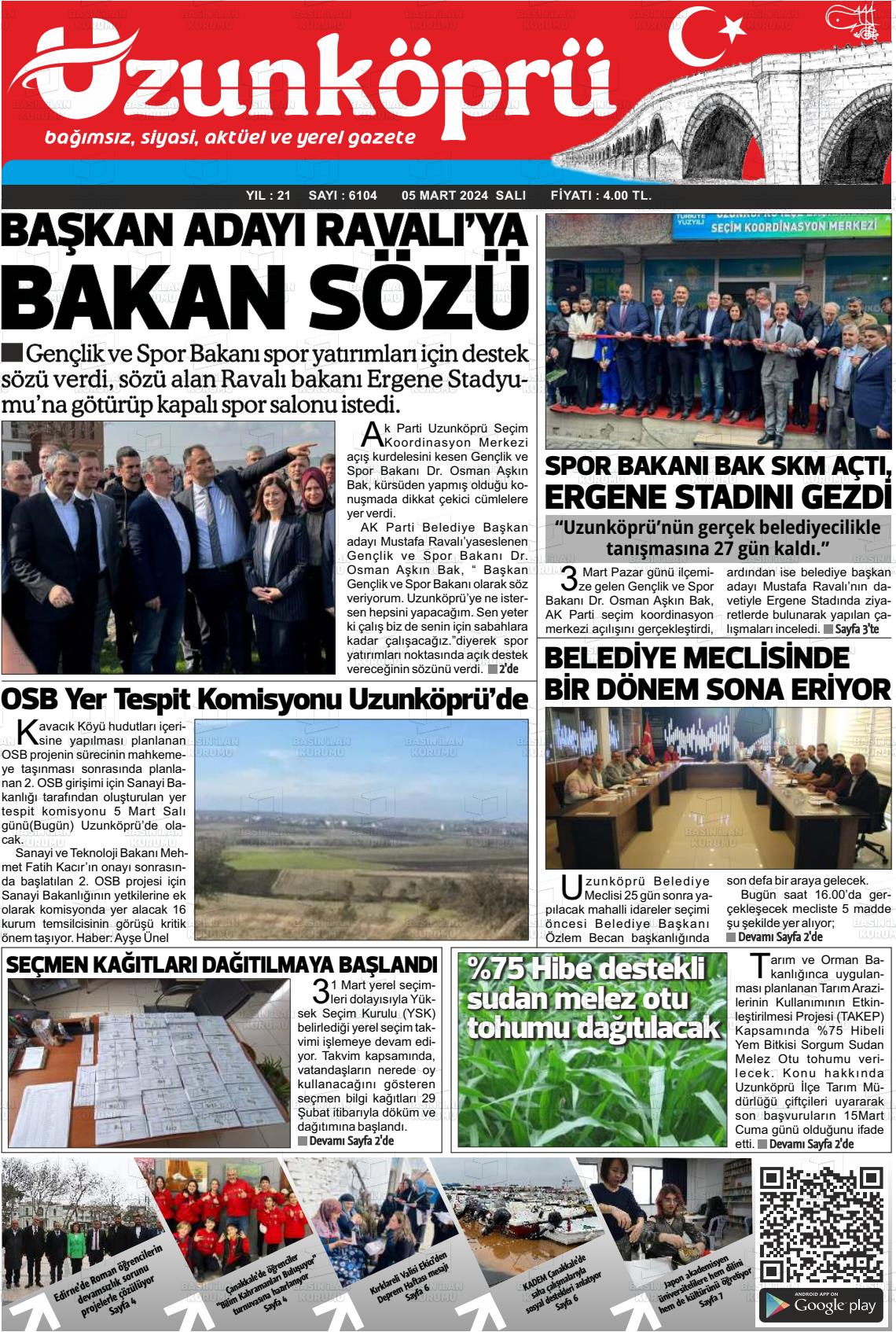 06 Mart 2024 Uzunköprü Gazete Manşeti