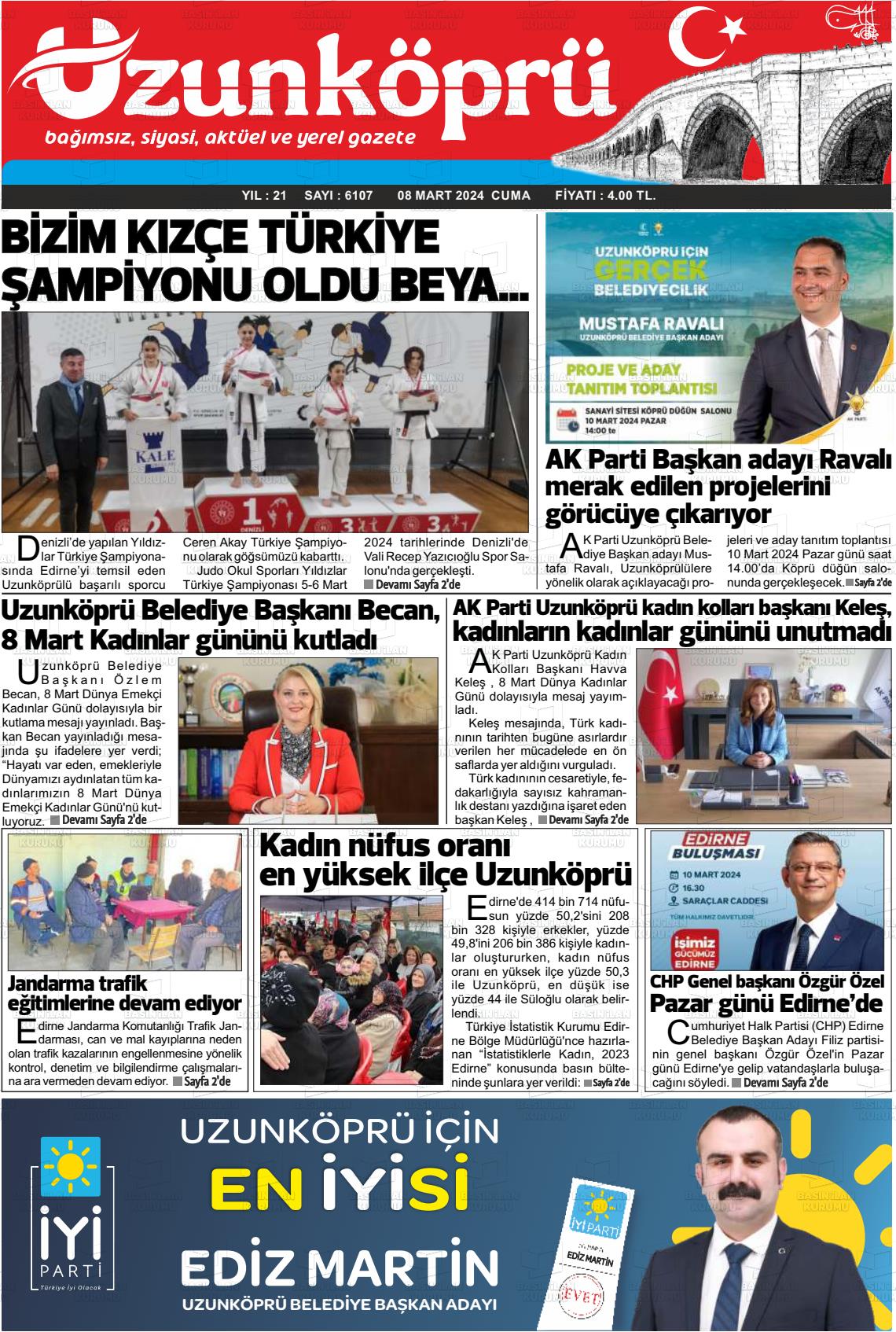 08 Mart 2024 Uzunköprü Gazete Manşeti