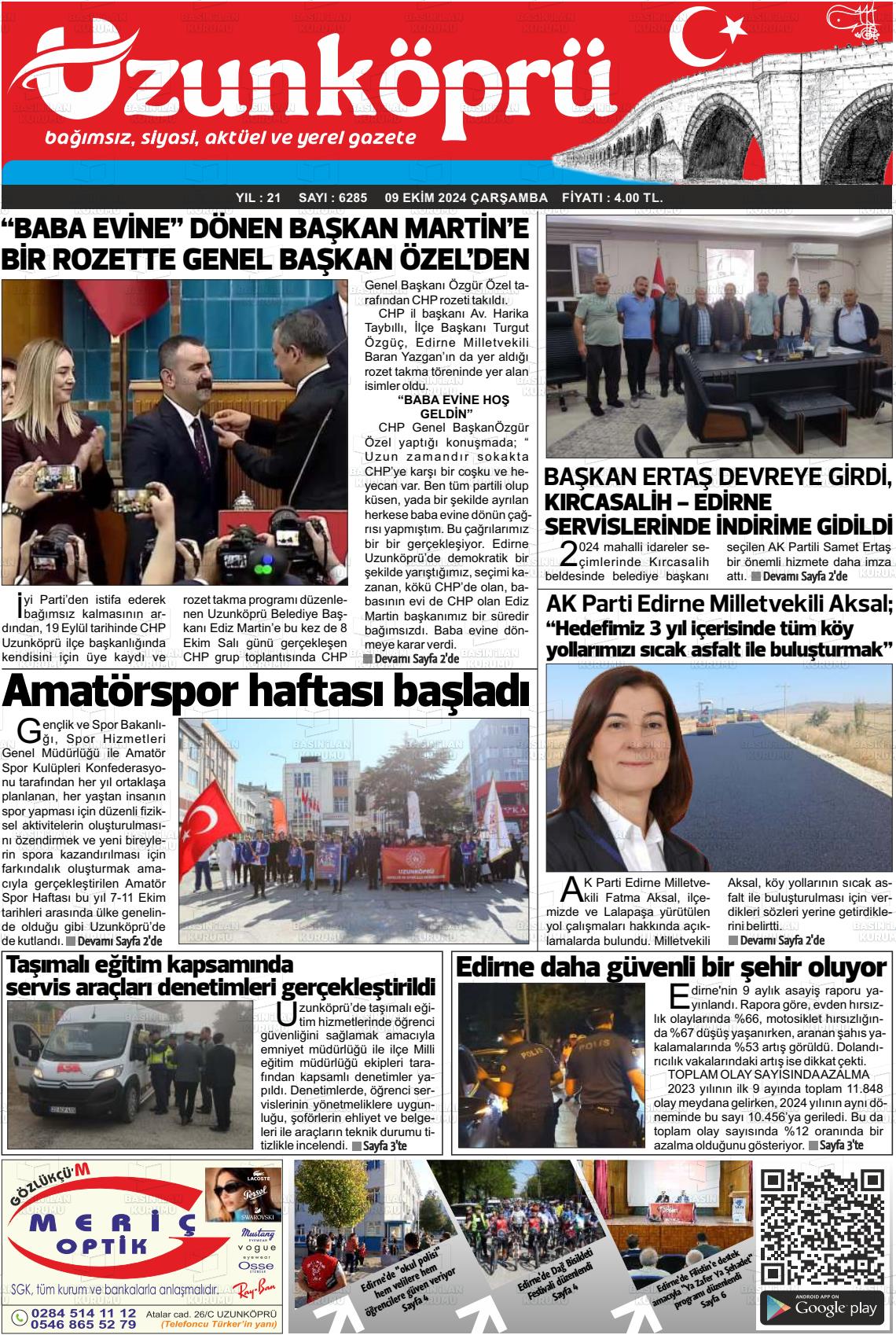 09 Ekim 2024 Uzunköprü Gazete Manşeti