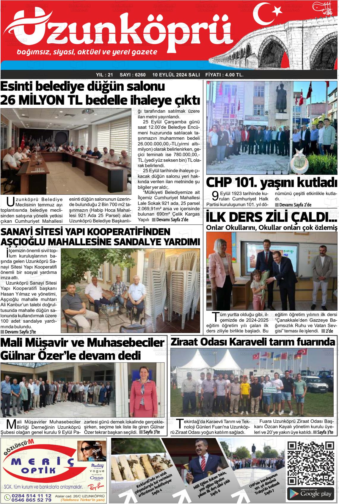 10 Eylül 2024 Uzunköprü Gazete Manşeti