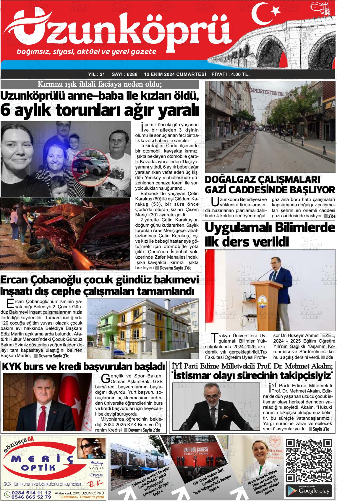 12 Ekim 2024 Uzunköprü Gazete Manşeti