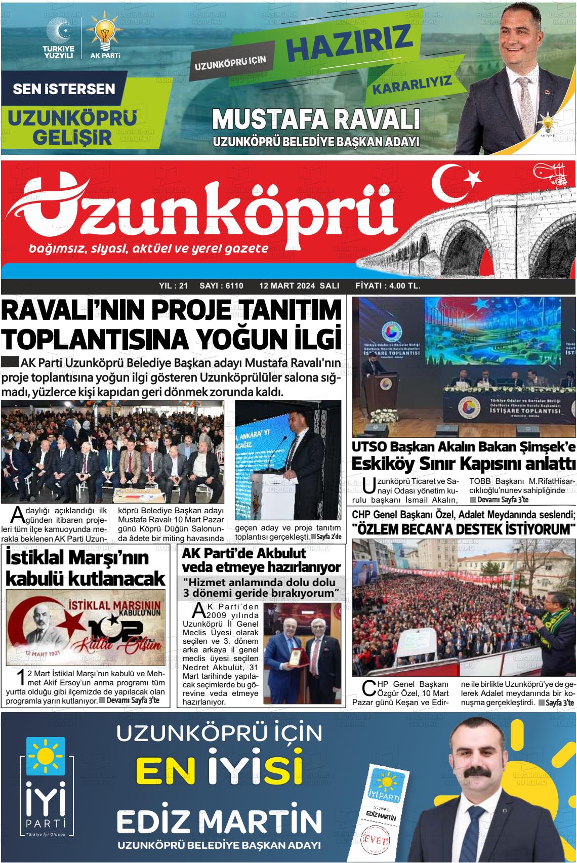 12 Mart 2024 Uzunköprü Gazete Manşeti