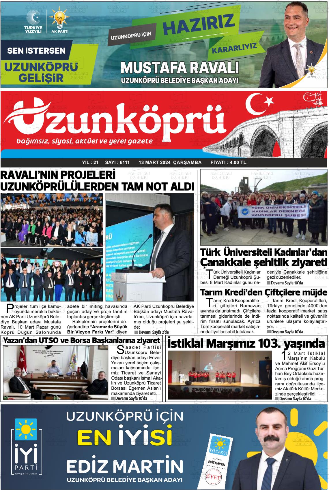 13 Mart 2024 Uzunköprü Gazete Manşeti