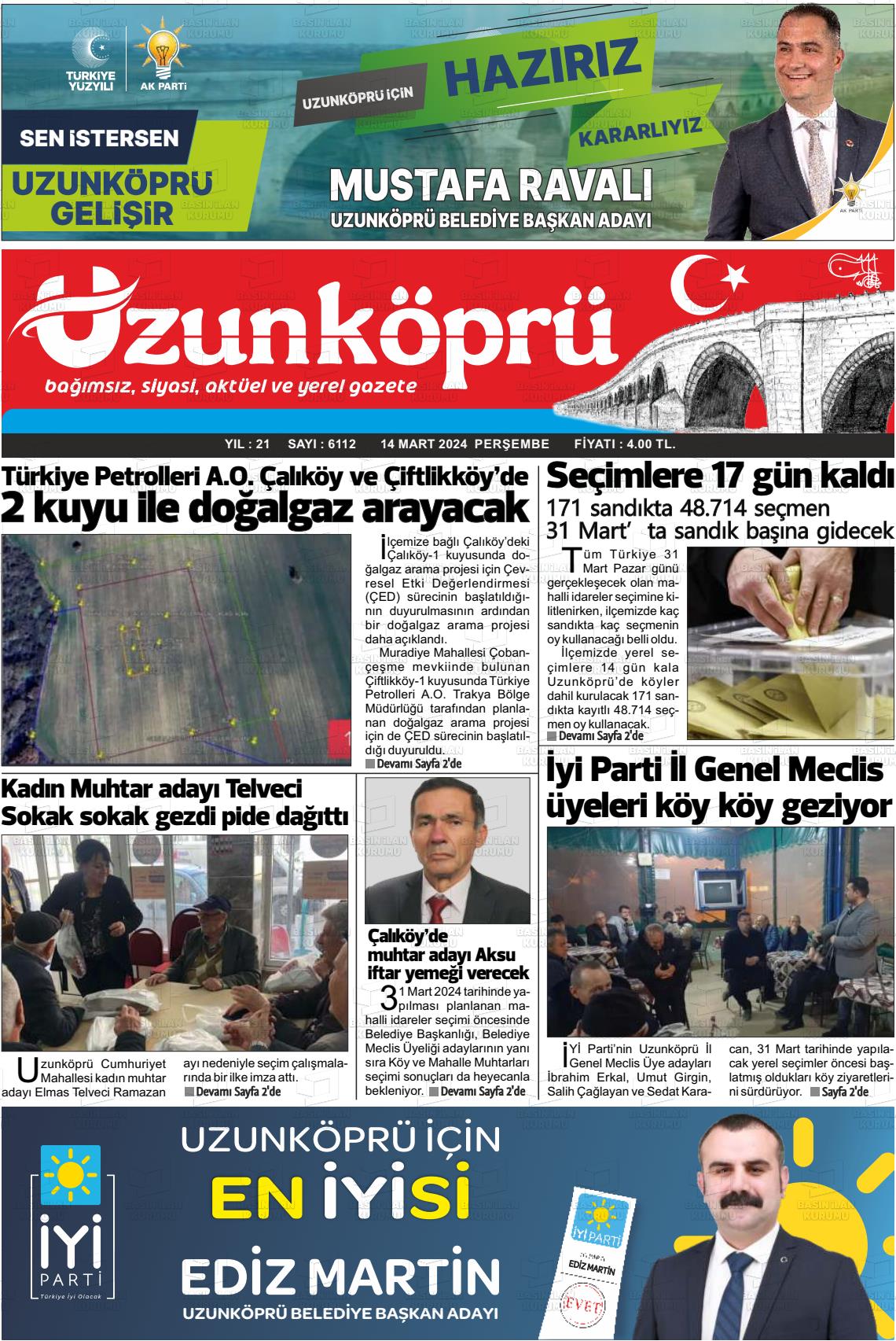 14 Mart 2024 Uzunköprü Gazete Manşeti