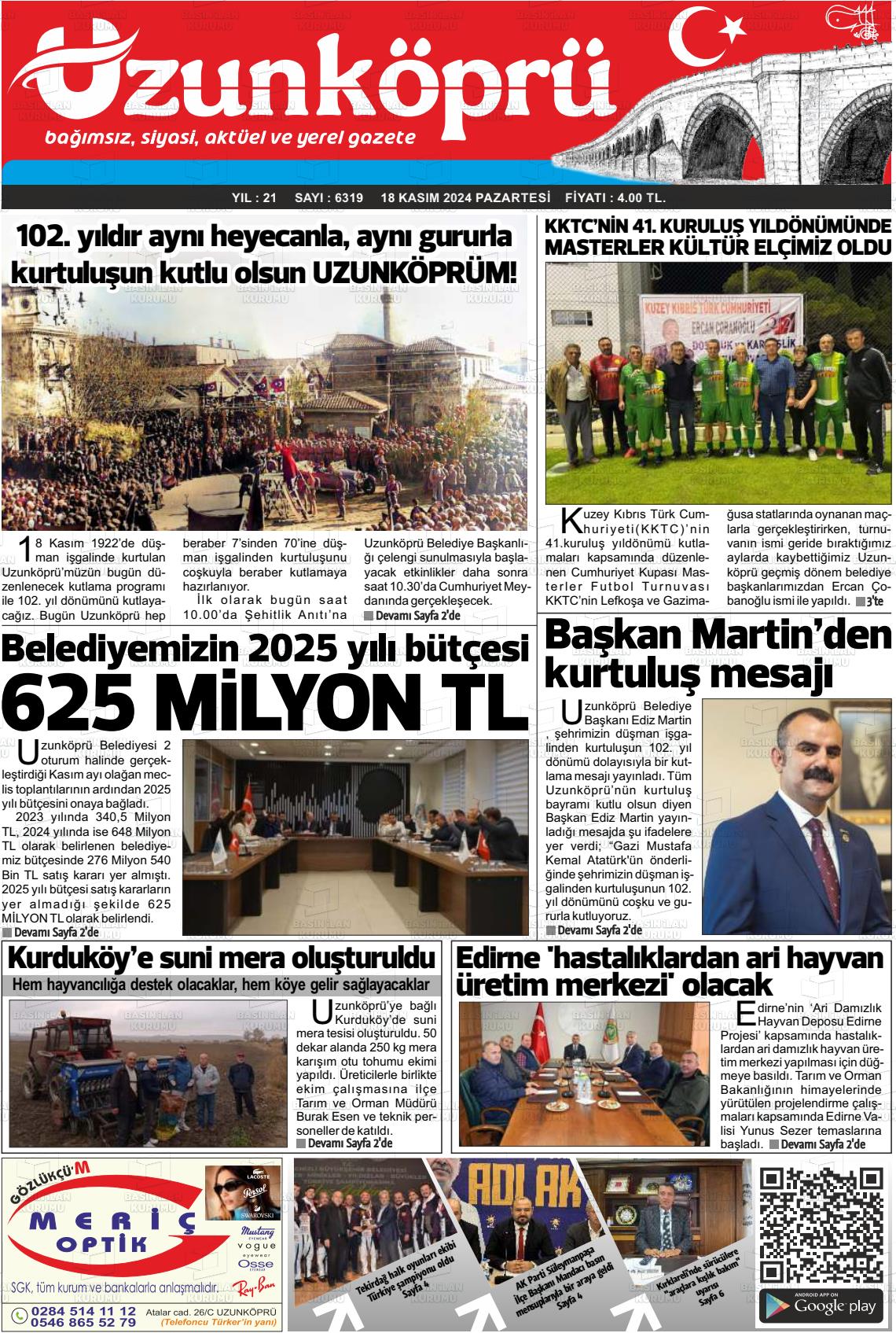 18 Kasım 2024 Uzunköprü Gazete Manşeti