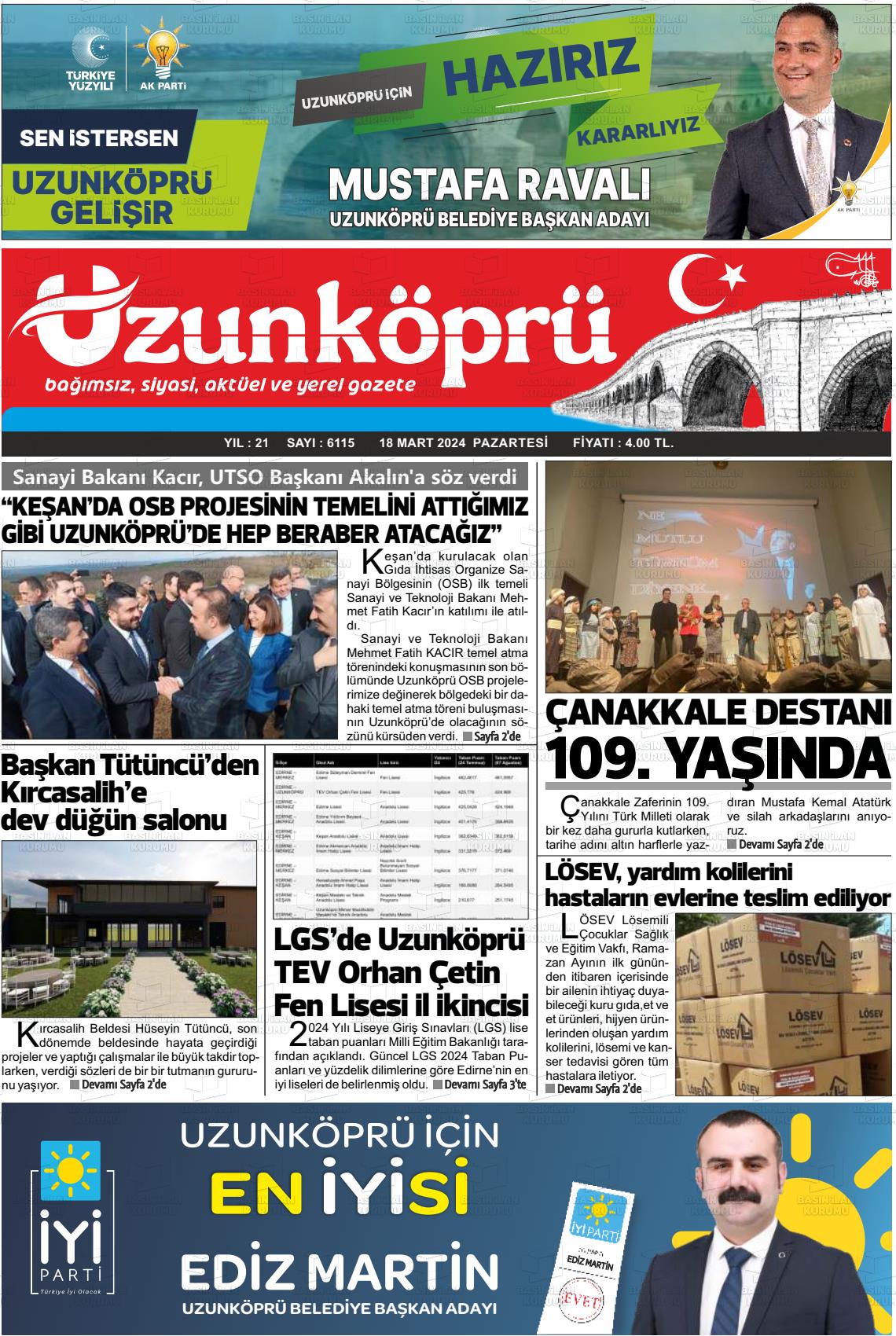 18 Mart 2024 Uzunköprü Gazete Manşeti