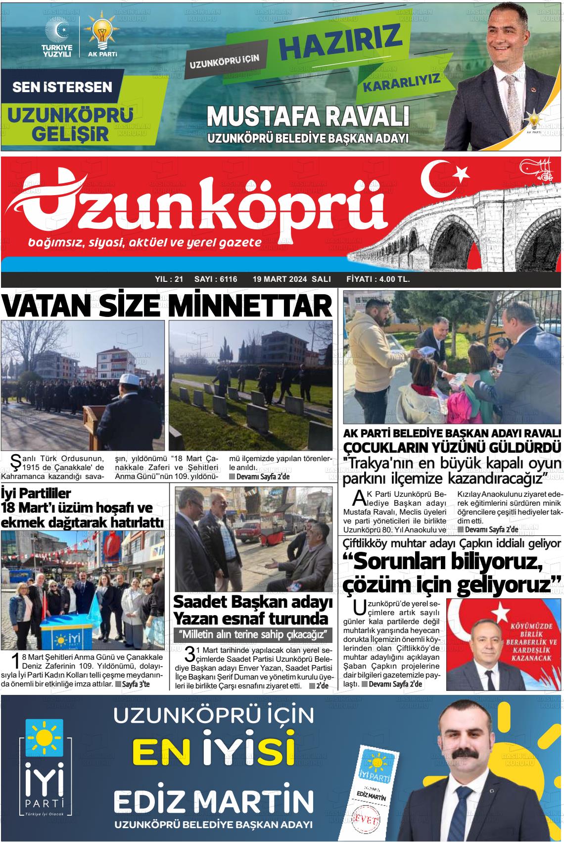 19 Mart 2024 Uzunköprü Gazete Manşeti