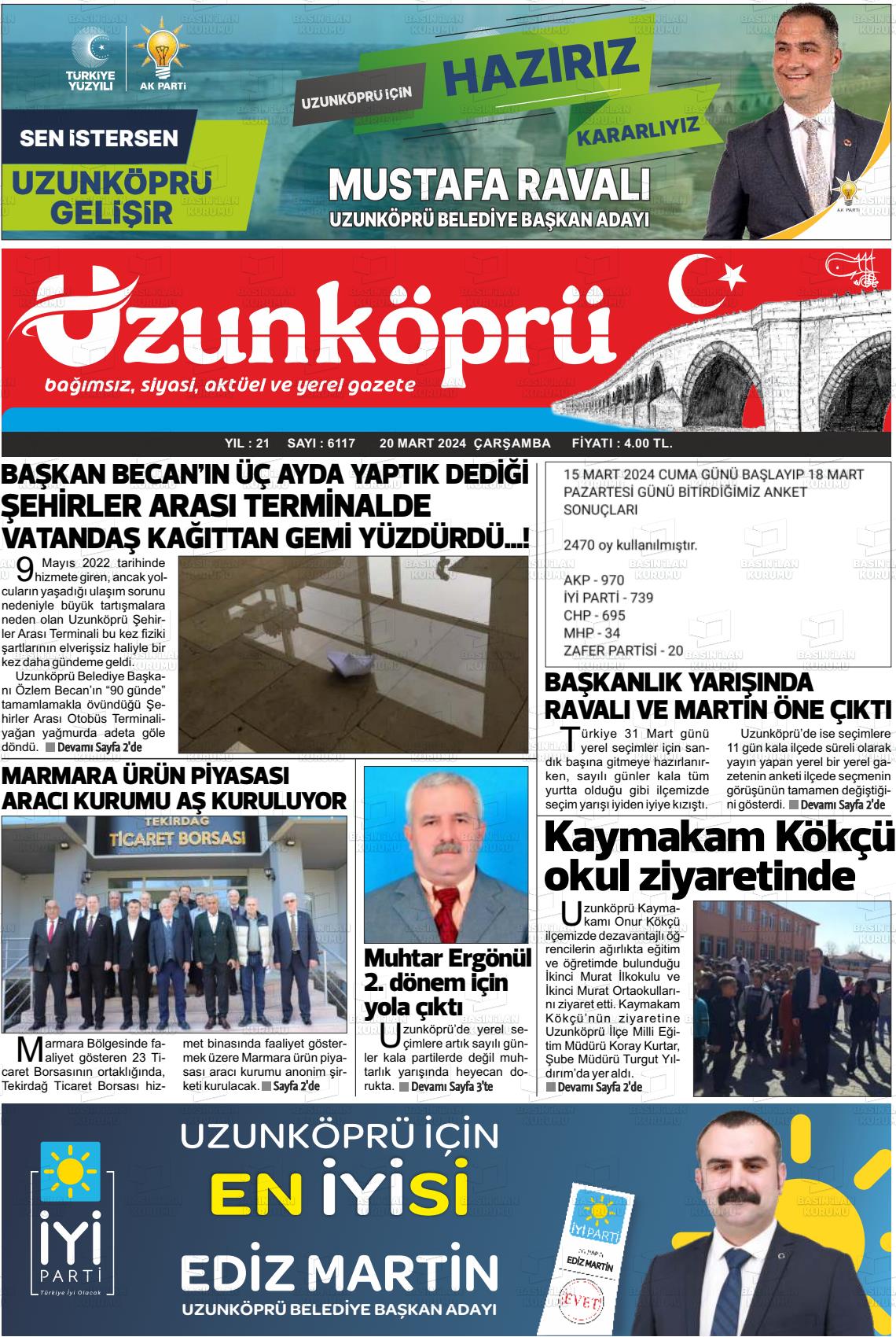 20 Mart 2024 Uzunköprü Gazete Manşeti