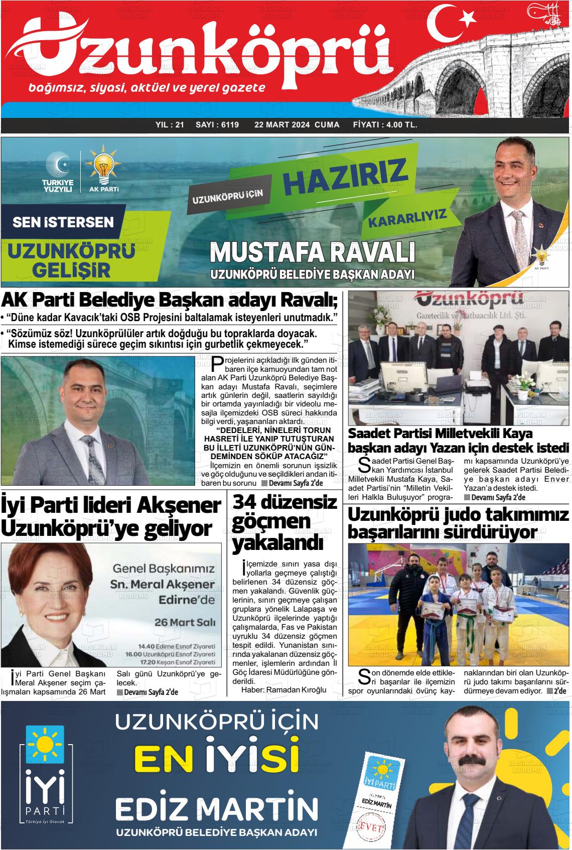 22 Mart 2024 Uzunköprü Gazete Manşeti