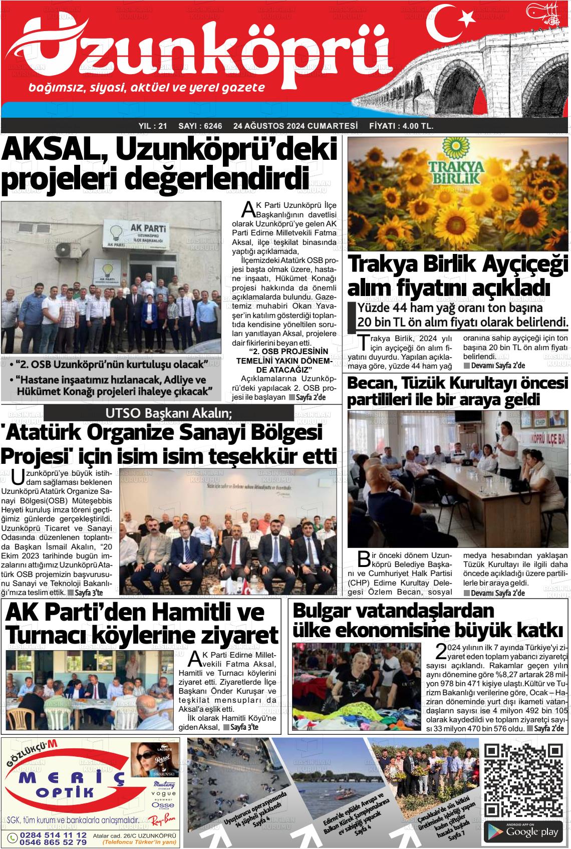 24 Ağustos 2024 Uzunköprü Gazete Manşeti