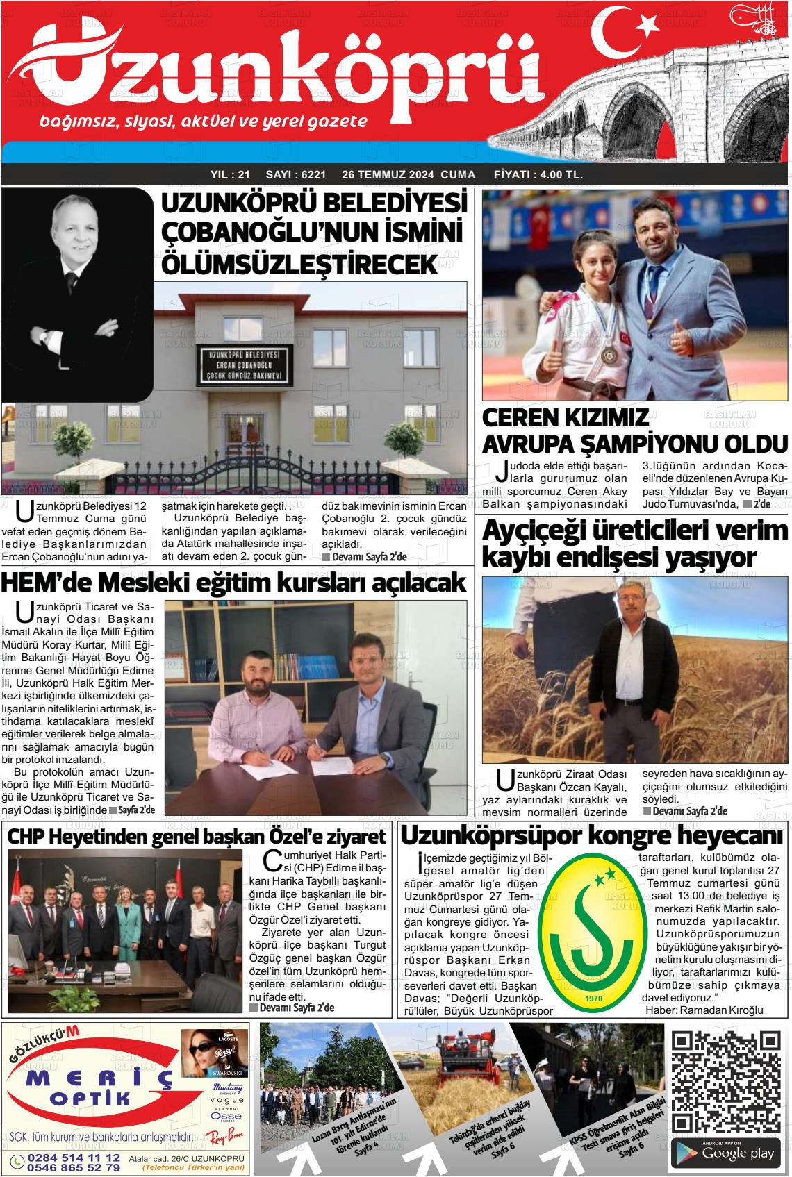 27 Temmuz 2024 Uzunköprü Gazete Manşeti