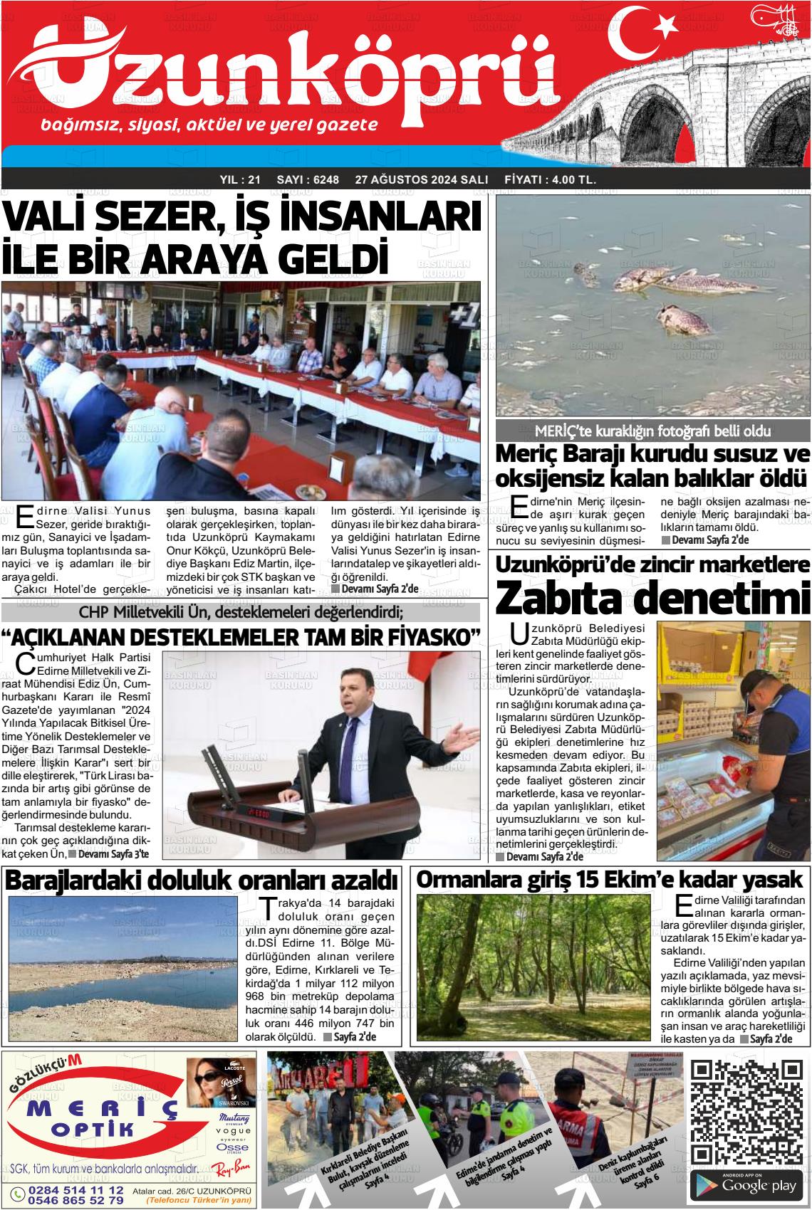 27 Ağustos 2024 Uzunköprü Gazete Manşeti