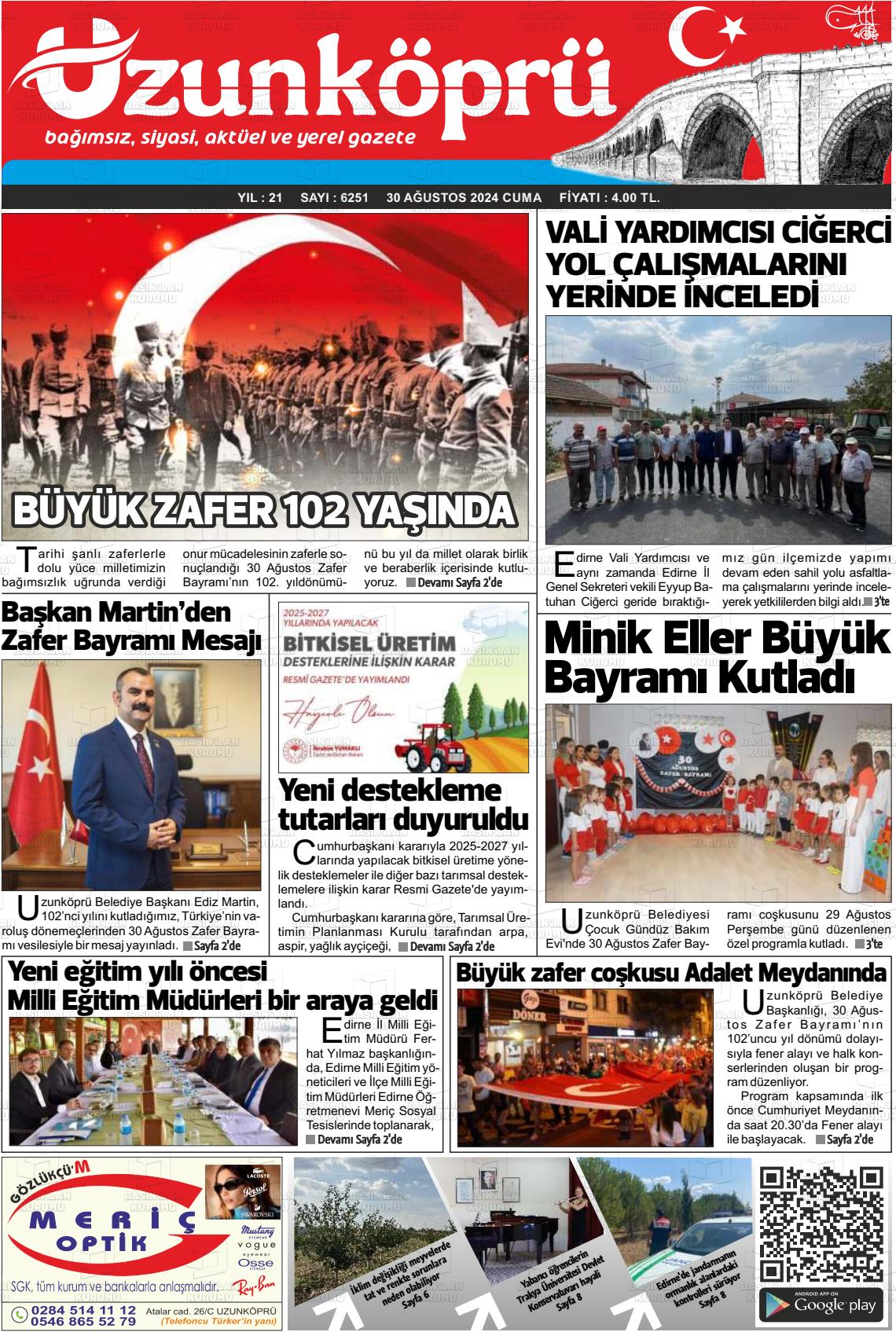 30 Ağustos 2024 Uzunköprü Gazete Manşeti