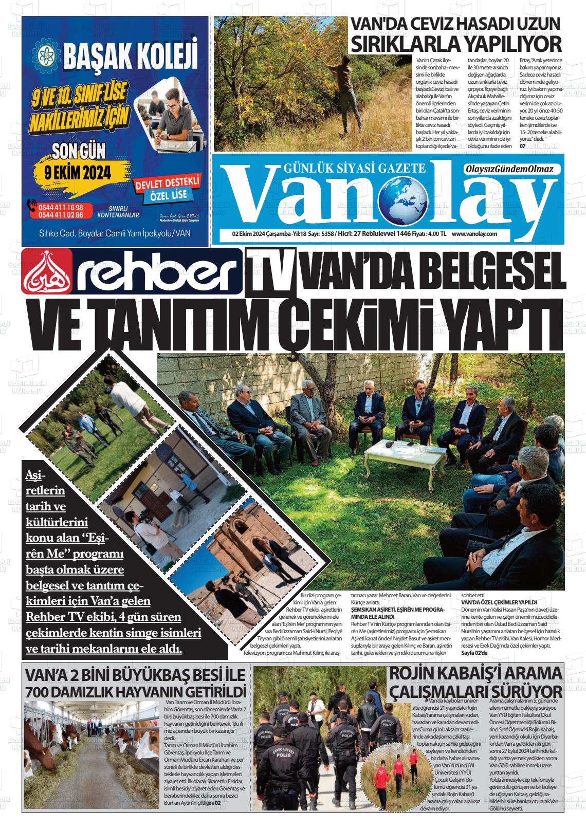 02 Ekim 2024 Van Olay Gazete Manşeti