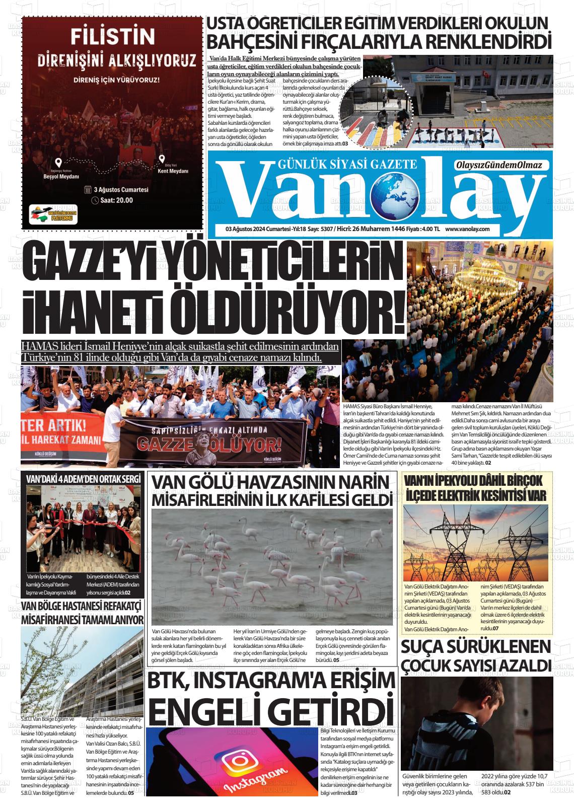 03 Ağustos 2024 Van Olay Gazete Manşeti