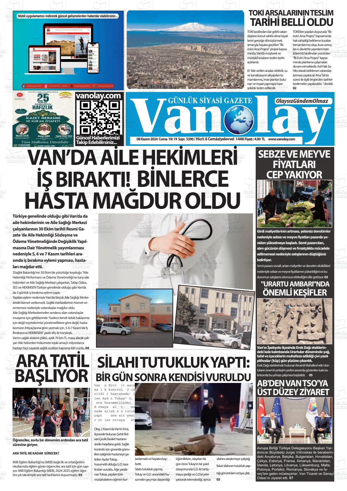 08 Kasım 2024 Van Olay Gazete Manşeti