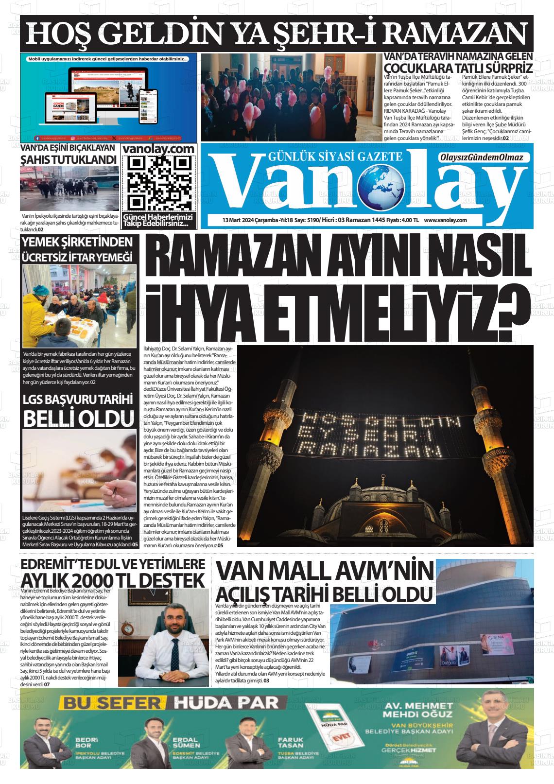 13 Mart 2024 Van Olay Gazete Manşeti