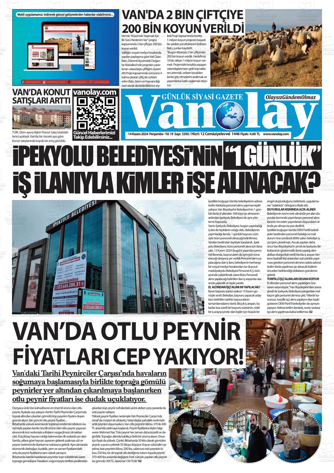 14 Kasım 2024 Van Olay Gazete Manşeti