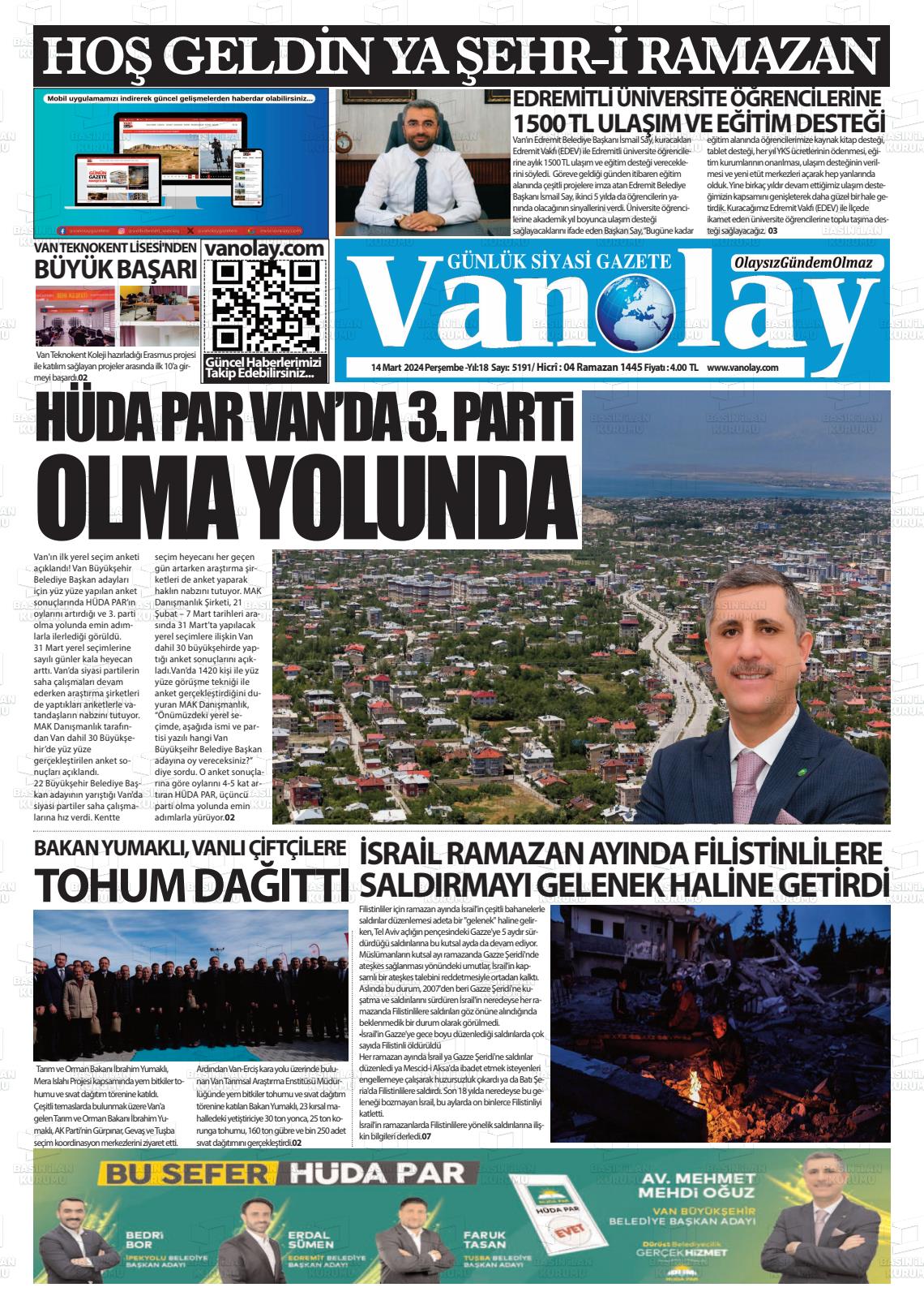 14 Mart 2024 Van Olay Gazete Manşeti