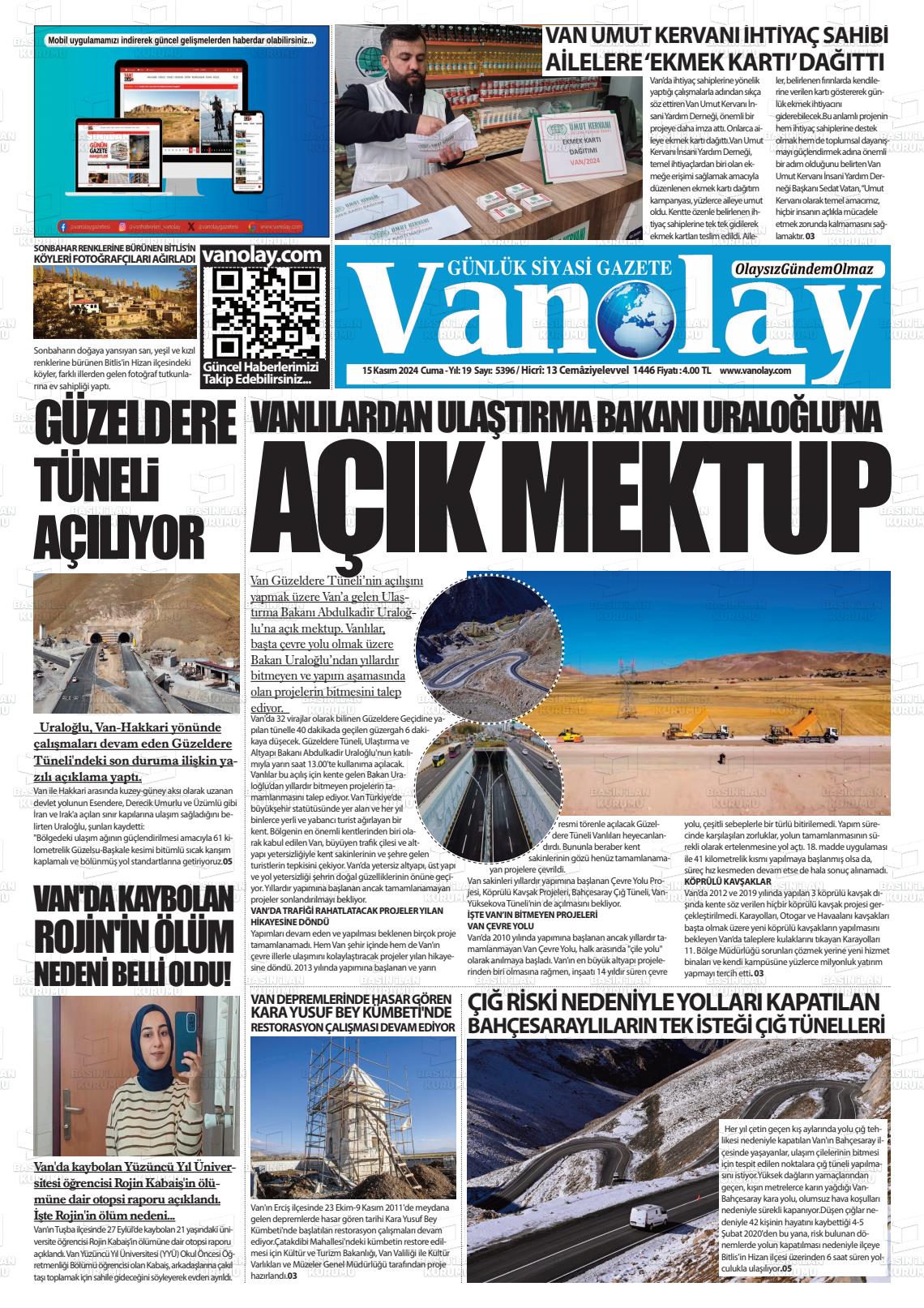 15 Kasım 2024 Van Olay Gazete Manşeti