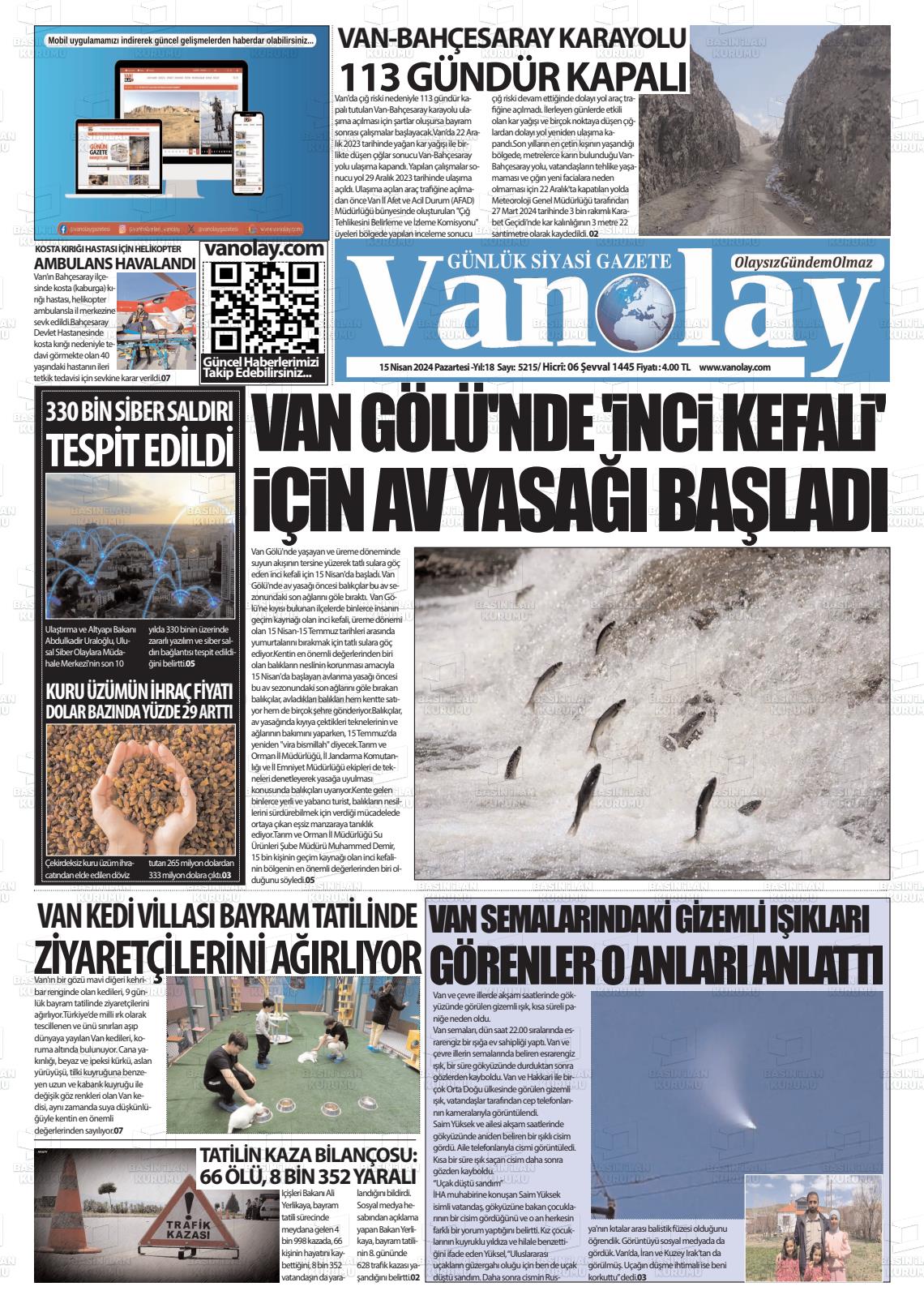 15 Nisan 2024 Van Olay Gazete Manşeti