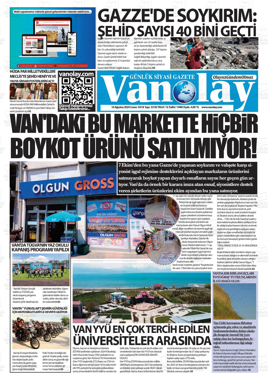 16 Ağustos 2024 Van Olay Gazete Manşeti