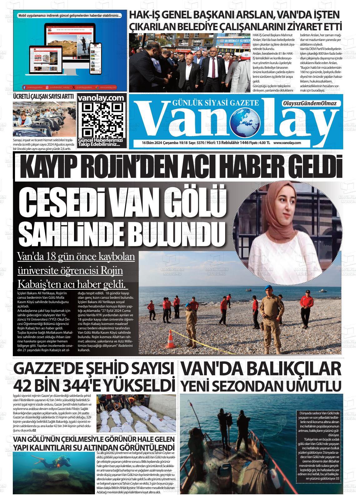 16 Ekim 2024 Van Olay Gazete Manşeti