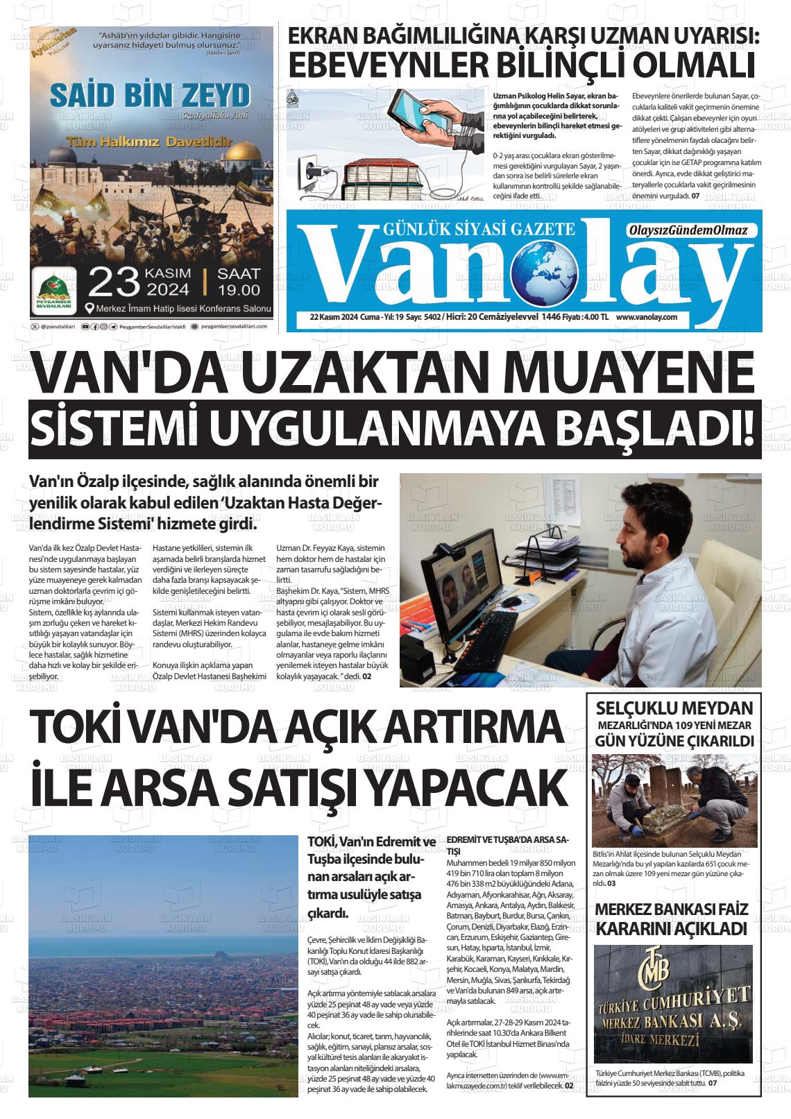 22 Kasım 2024 Van Olay Gazete Manşeti