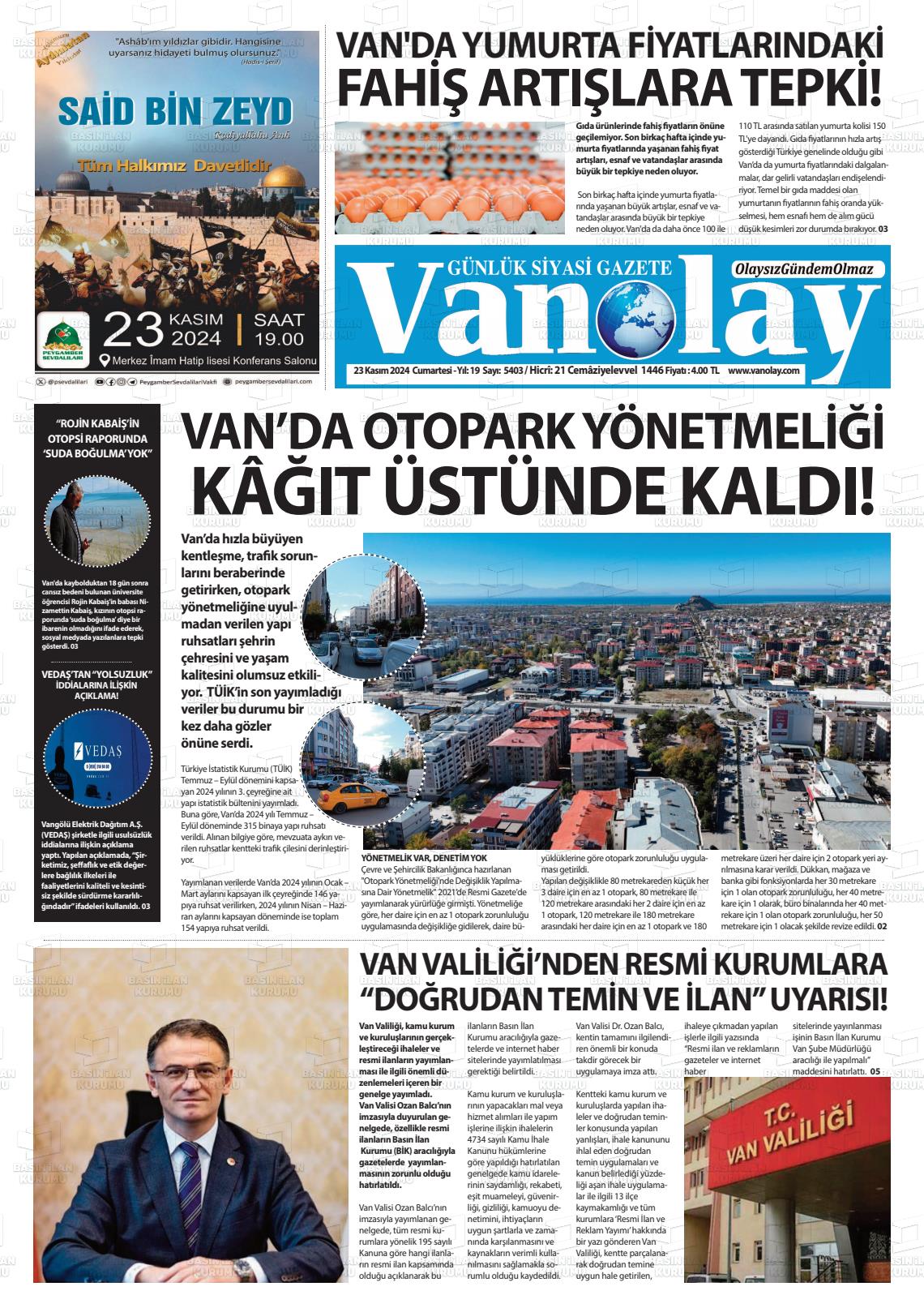 23 Kasım 2024 Van Olay Gazete Manşeti