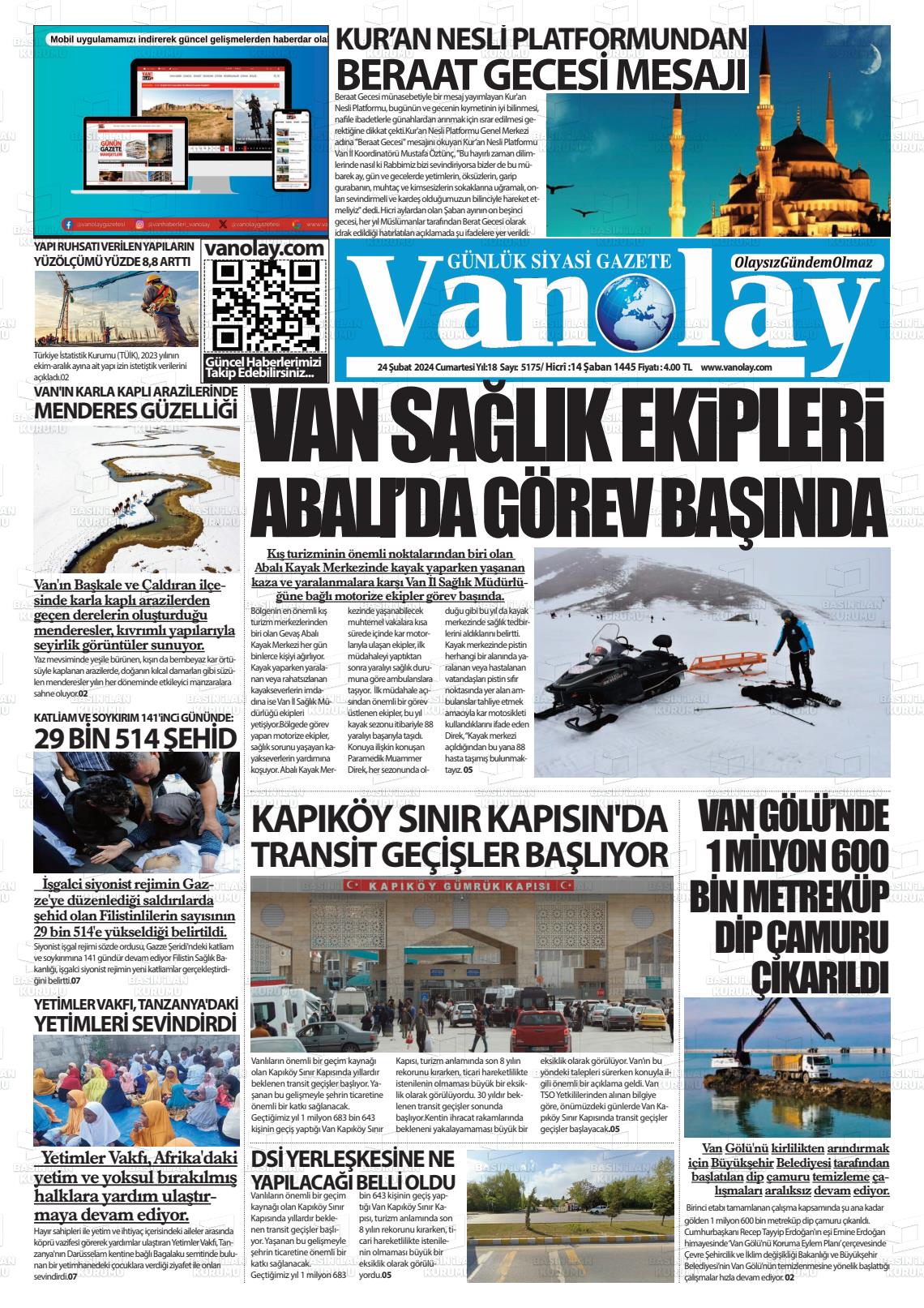 24 Şubat 2024 Van Olay Gazete Manşeti