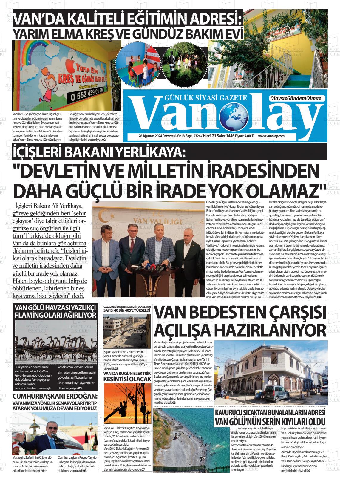 26 Ağustos 2024 Van Olay Gazete Manşeti