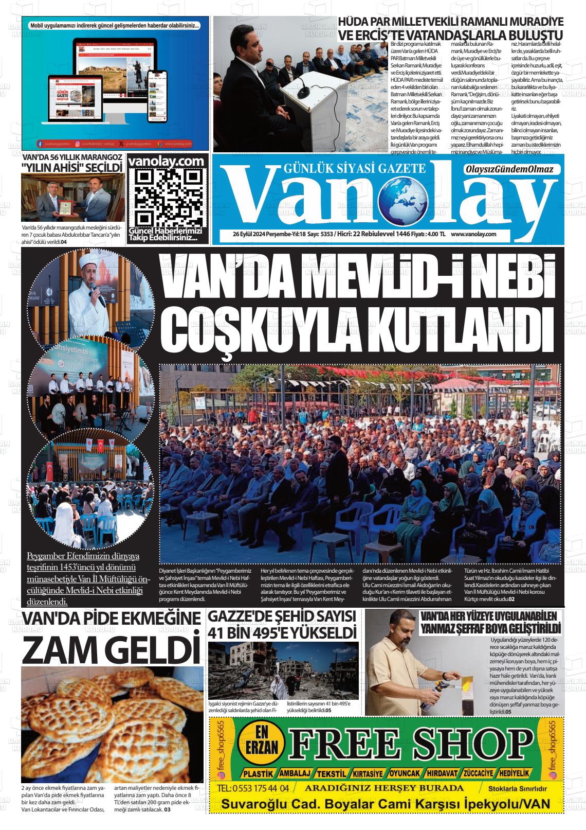 26 Eylül 2024 Van Olay Gazete Manşeti